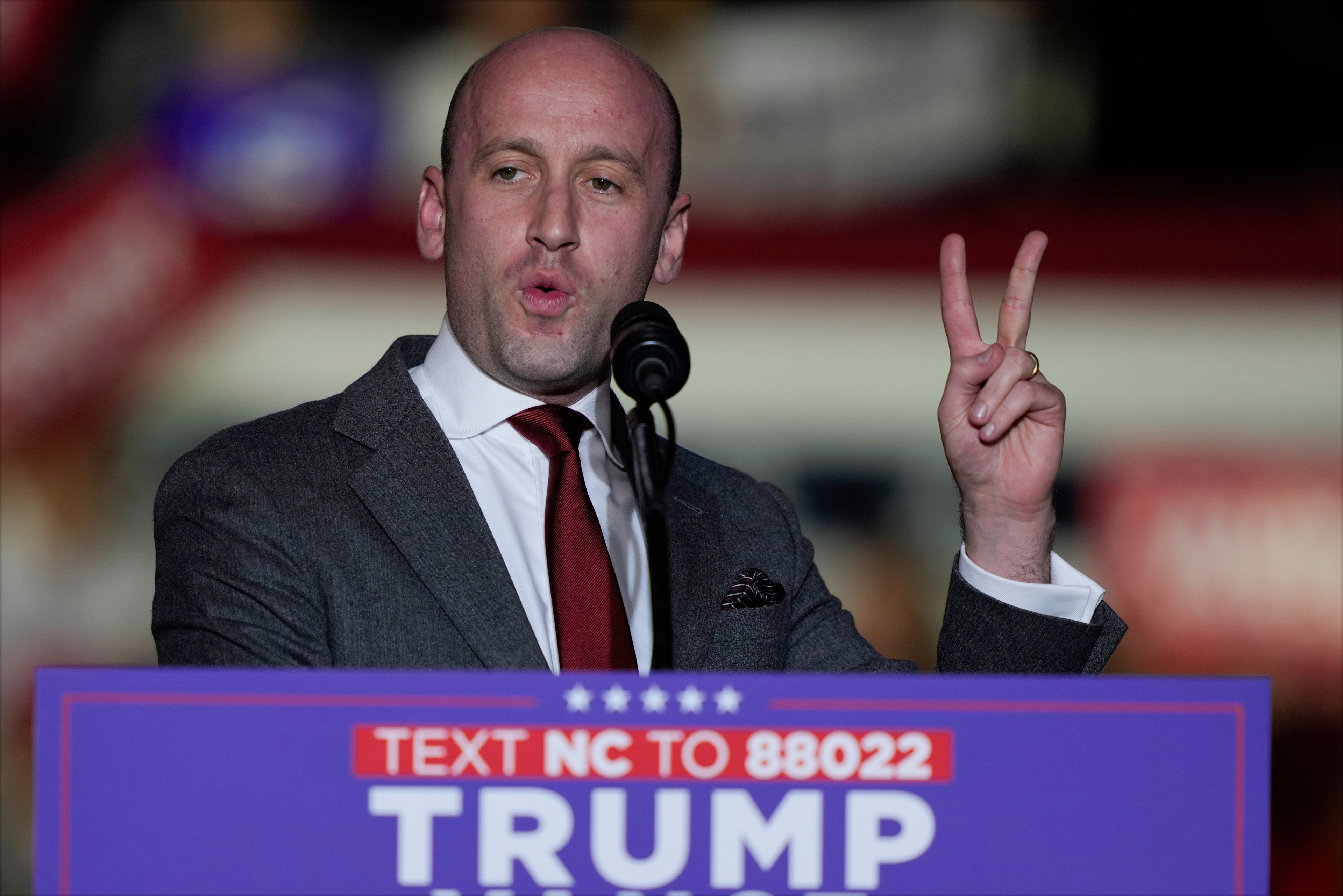 Stephen Miller speaks before Republican presidential nominee former President Donald Trump at a campaign rally at Minges Coliseum, Monday, Oct. 21, 2024, in Greenville, N.C. (AP Photo/Julia Demaree Nikhinson)