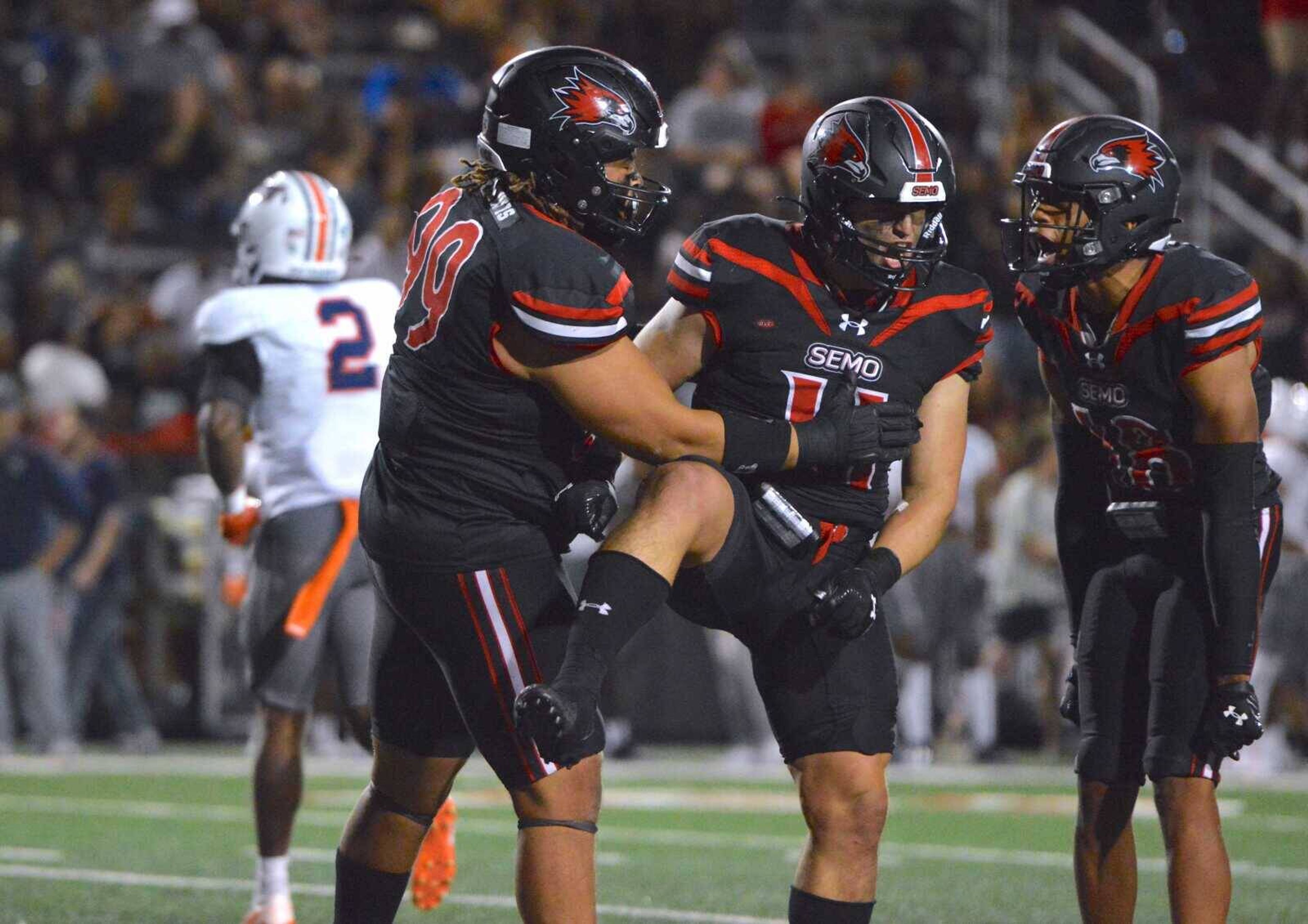 Southeast Missouri State linebacker Jared Pedraza celebrates a play against UT Martin on Saturday, Sept. 7, at Houck Field.