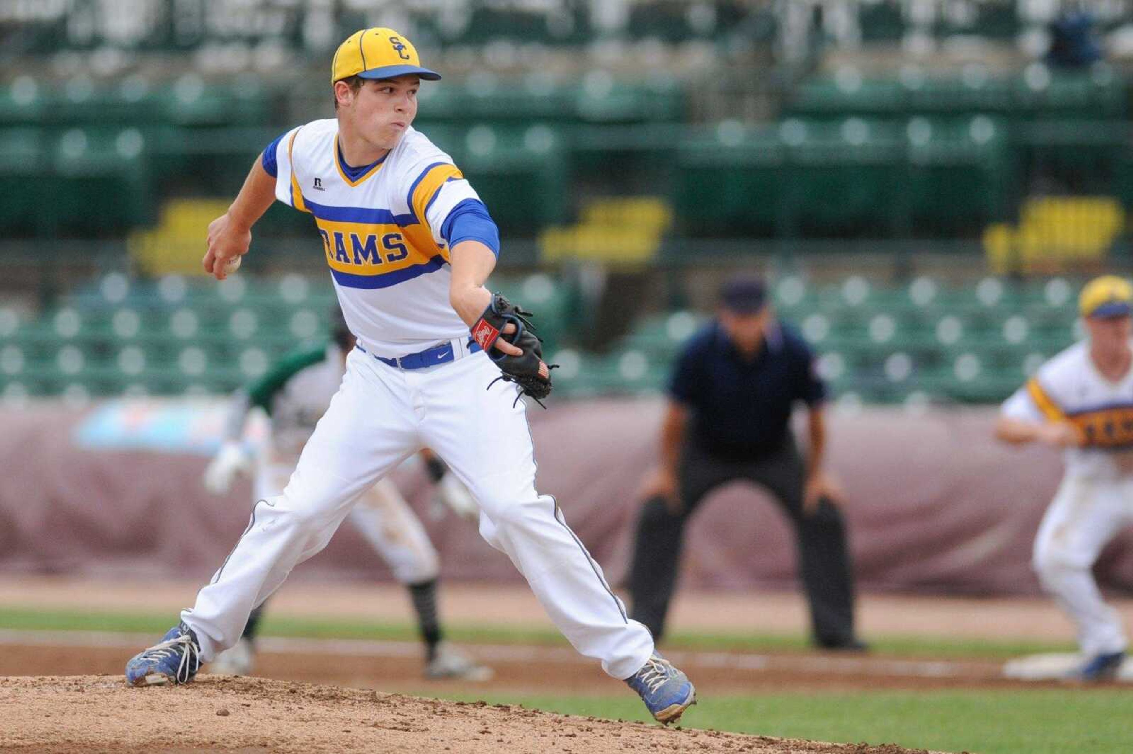 Scott City's Braden Cox pitches to a Warsaw batter in the second inning during a Class 3 semifinal Monday, June 1, 2015 in O Fallon, Missouri. (Glenn Landberg)