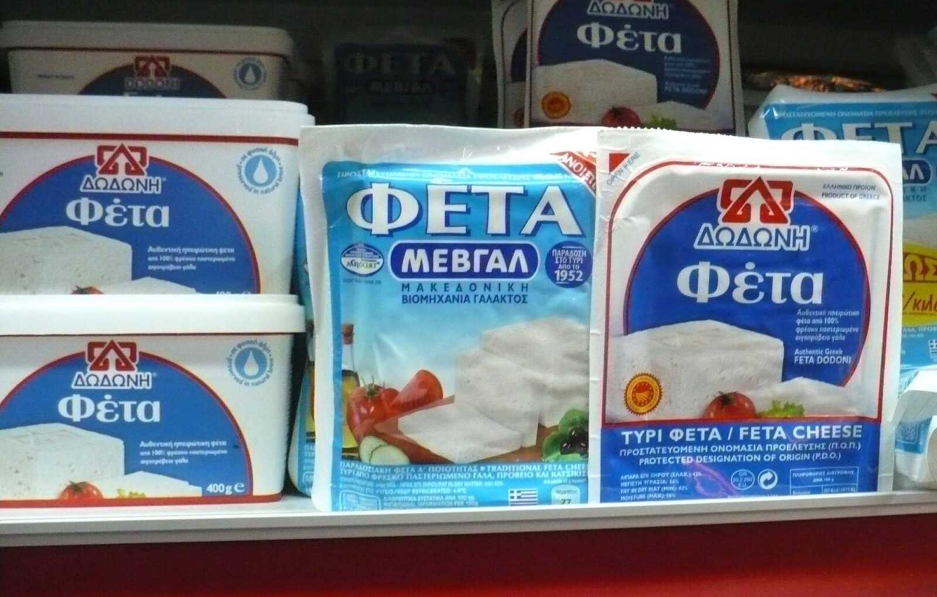 Feta cheese, a fundamental component of Greek cuisine, awaits customers in a little grocery store on the island of Mykonos. (TOM HARTE)