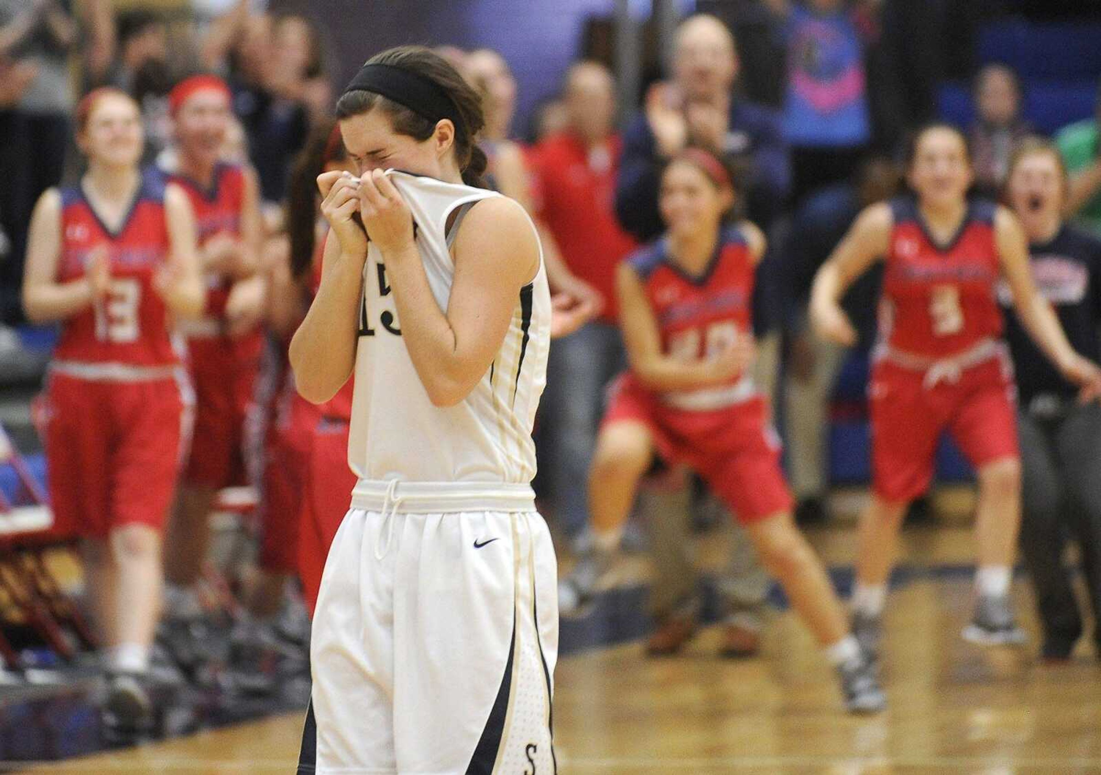 Saxony Lutheran's Briana Mueller leaves the court after her team's loss to Central Park Hills in the 3A state quarterfinal Saturday, March 7, 2015 in Hillsboro, Missouri. (Fred Lynch)