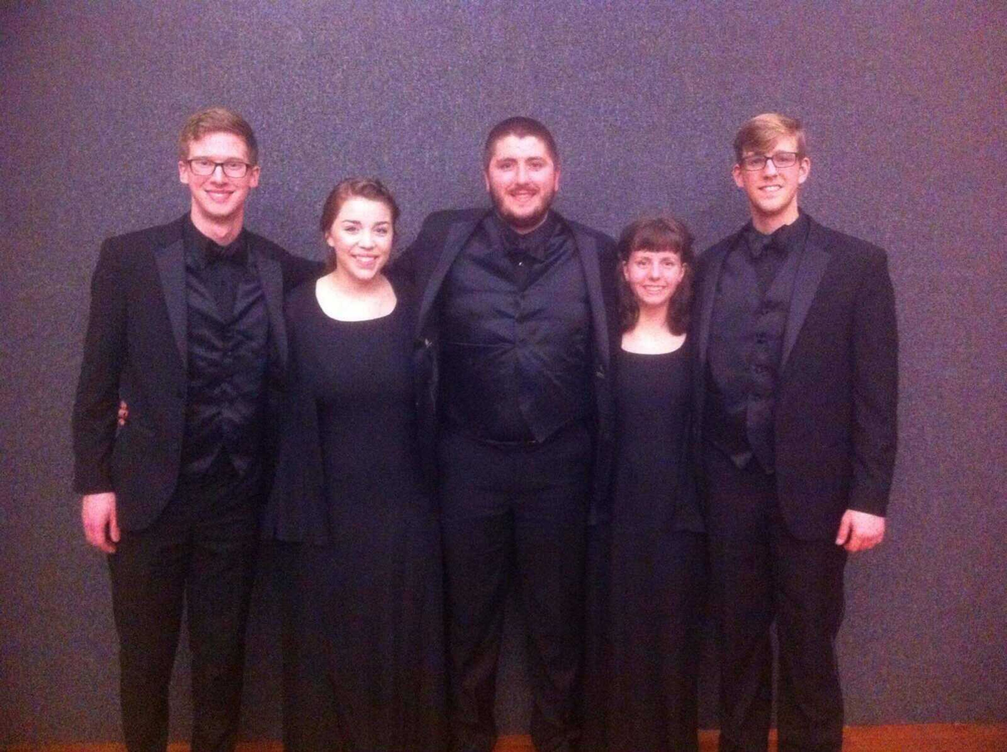 Zach Reece (left), Michaela Lovig, Ethan Pobst, Claire Kidwell and Payton Beck are members of the Missouri State University Chorale, which will perform during the 58th Presidential Inauguration ceremony Friday in Washington, D.C.