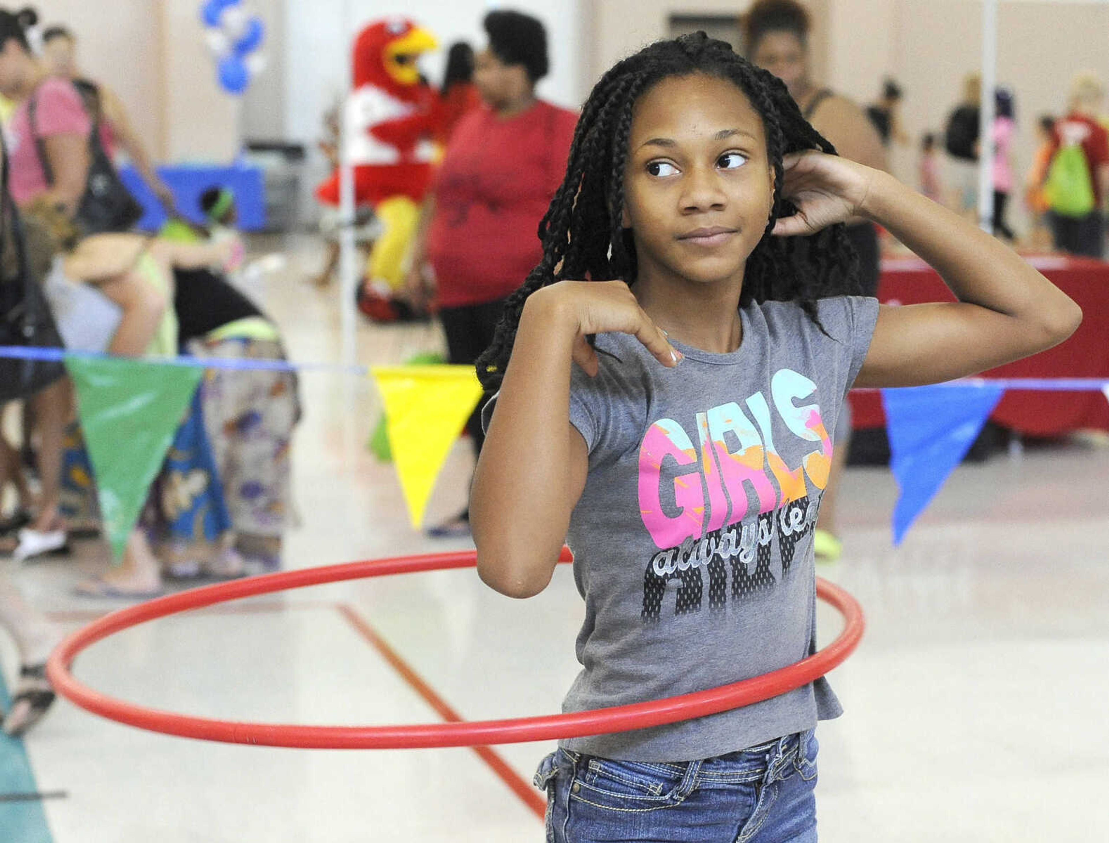 FRED LYNCH ~ flynch@semissourian.com
Jyzaria Murray spins a hula-hoop Friday, July 8, 2016 at Parks and Rec Day sponsored by the Cape Girardeau Parks and Recreation Department at the Osage Centre.