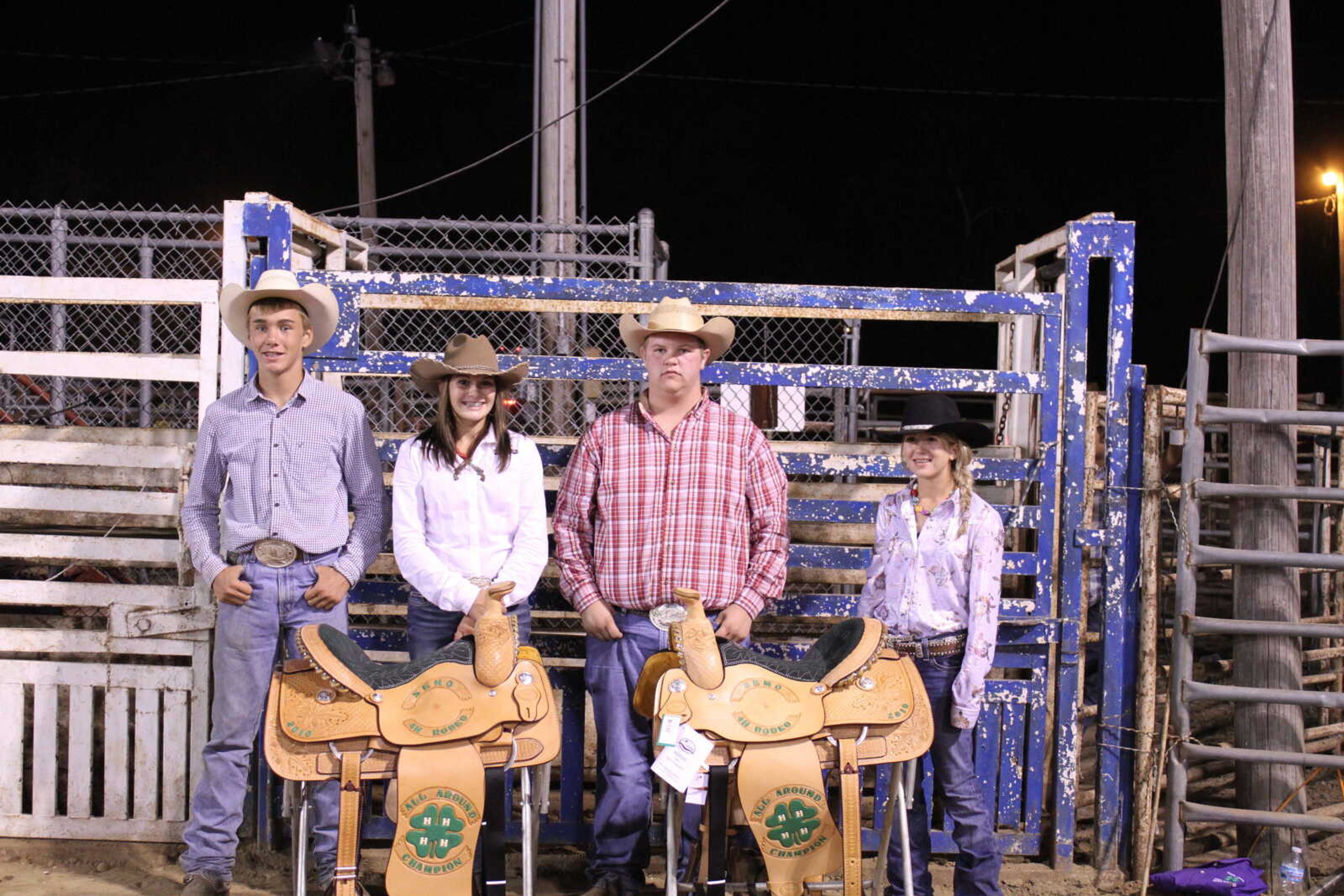 Champion and Reserve All-Around Winners for the 2010 year:
Tyler Cook (Bollinger County) Jr. Reserve, Mackenzie Gas (Cape County) Jr. Champion, Justin Barker (Butler County) Sr. Champion and Kayla Uhles (Scott County) Jr. Reserve.  Champions are awarded saddles and the Reserve Champions receive personalized jackets for their outstanding efforts.