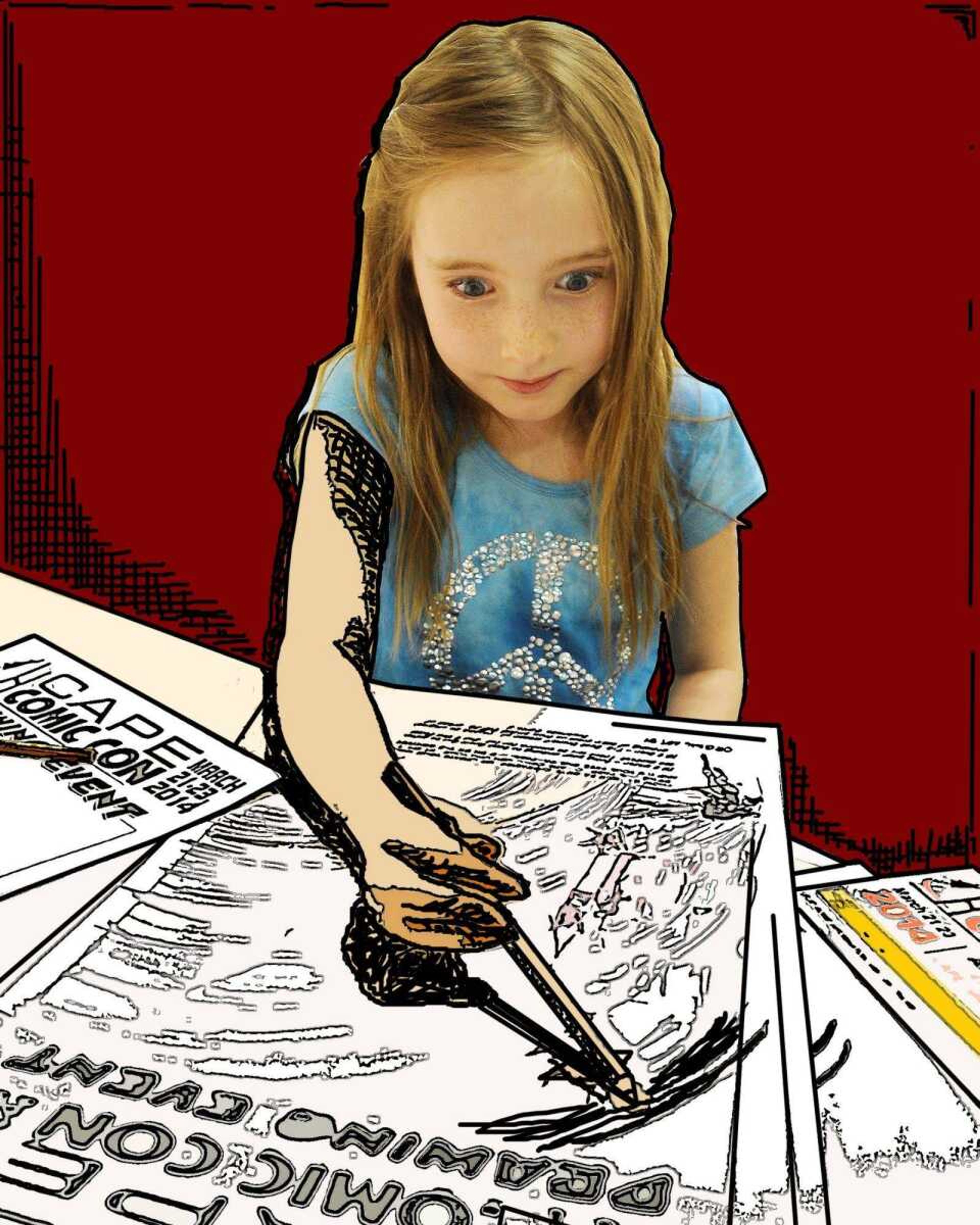 Talyn Lape, 8, of Jackson works on a sketch during a comic-drawing workshop in Cape Girardeau. (Photo by Fred Lynch; illustration by Emily Priddy)