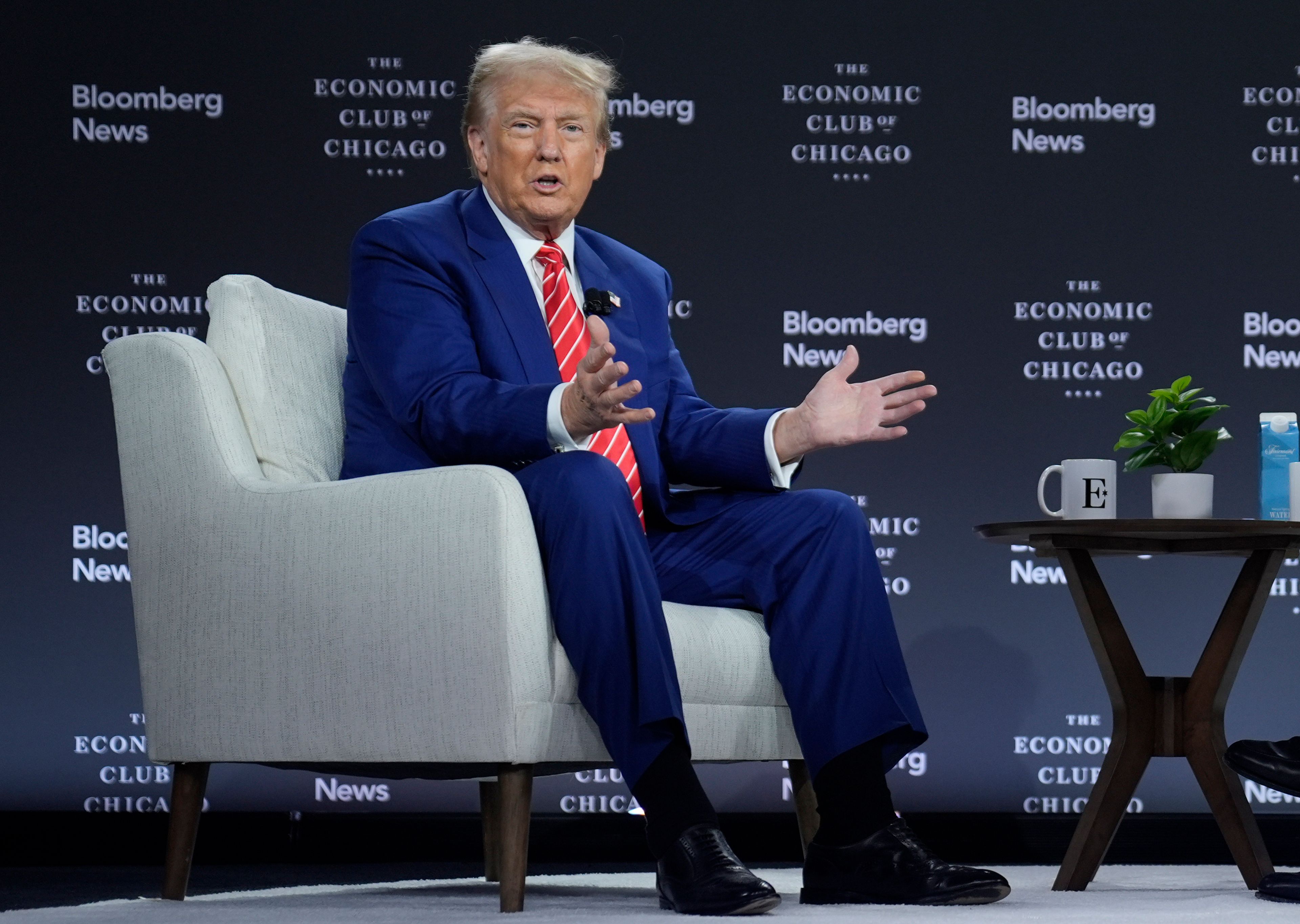 Republican presidential nominee former President Donald Trump speaks during an interview with Bloomberg News Editor-in-Chief John Micklethwait during an event with the Economic Club of Chicago, Tuesday, Oct. 15, 2024, in Chicago. (AP Photo/Evan Vucci)