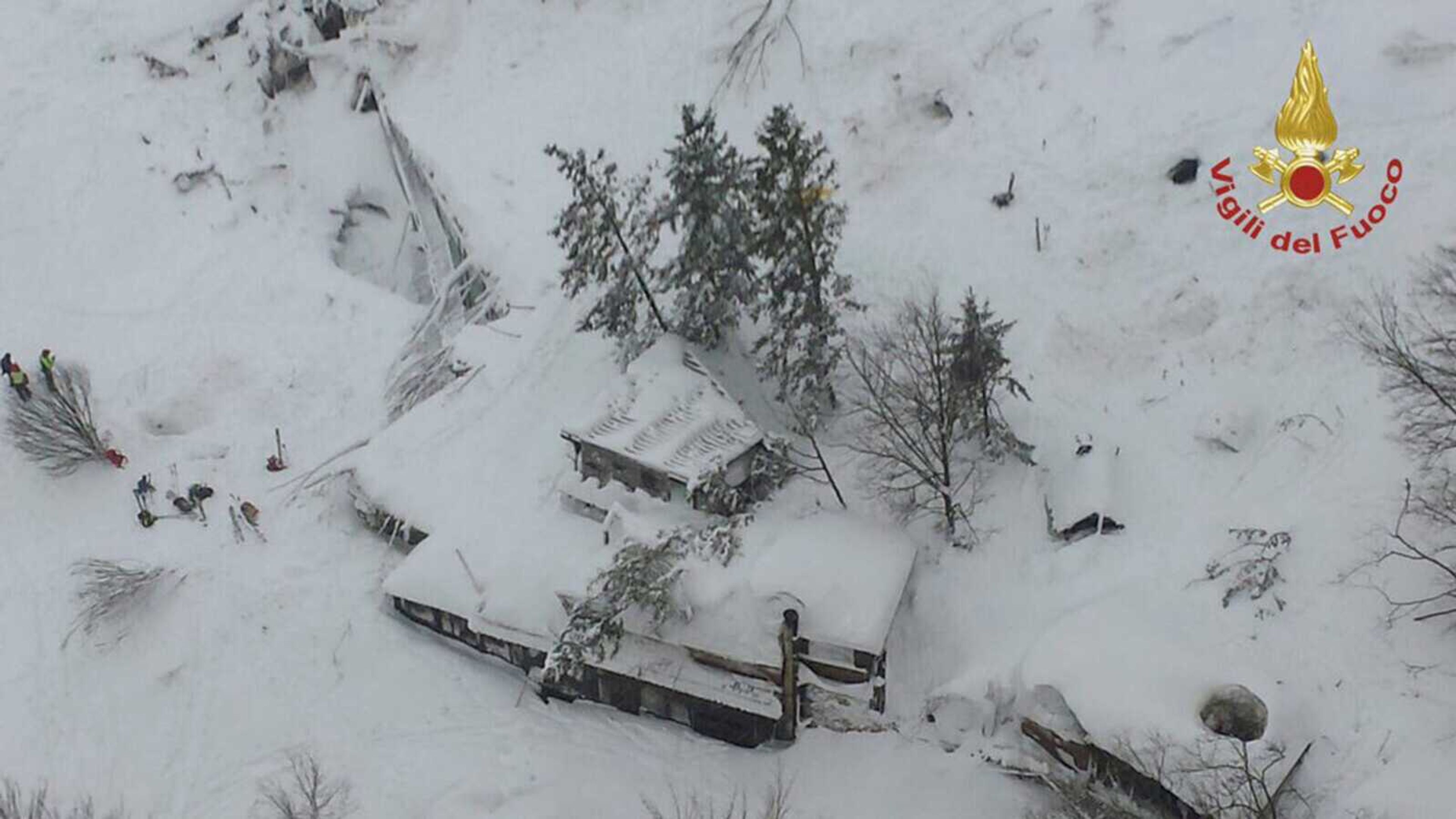 An aerial view of the Rigopiano Hotel hit by an avalanche in Farindola, Italy.