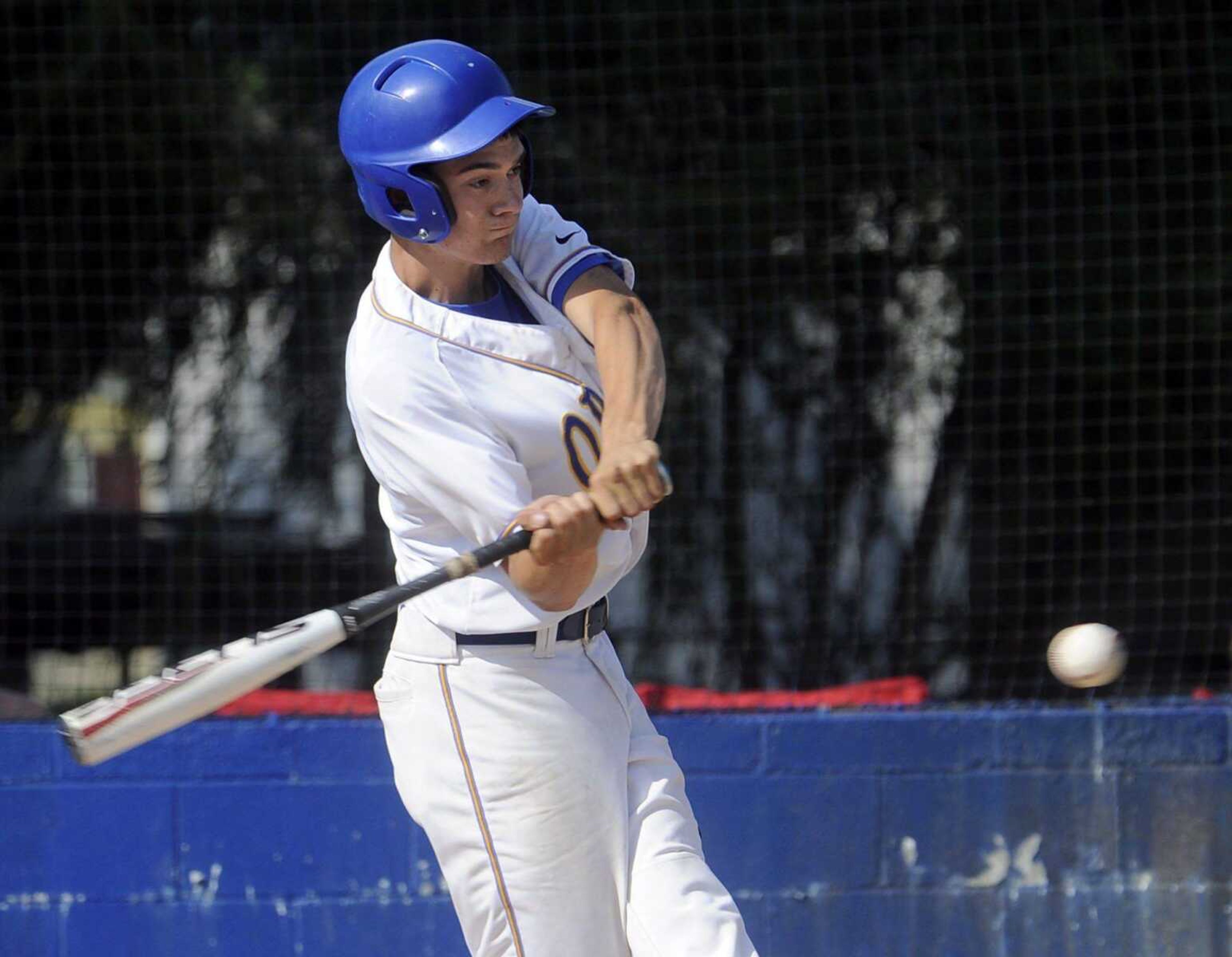 Oran&#8217;s Hunter Schlosser hits a single against Cooter that scored Kody Moore and Seth Ressel during the second inning of the Class 1 sectional game Monday in Cooter, Mo. Oran won 5-1 to reach the quarterfinals. (Fred Lynch)