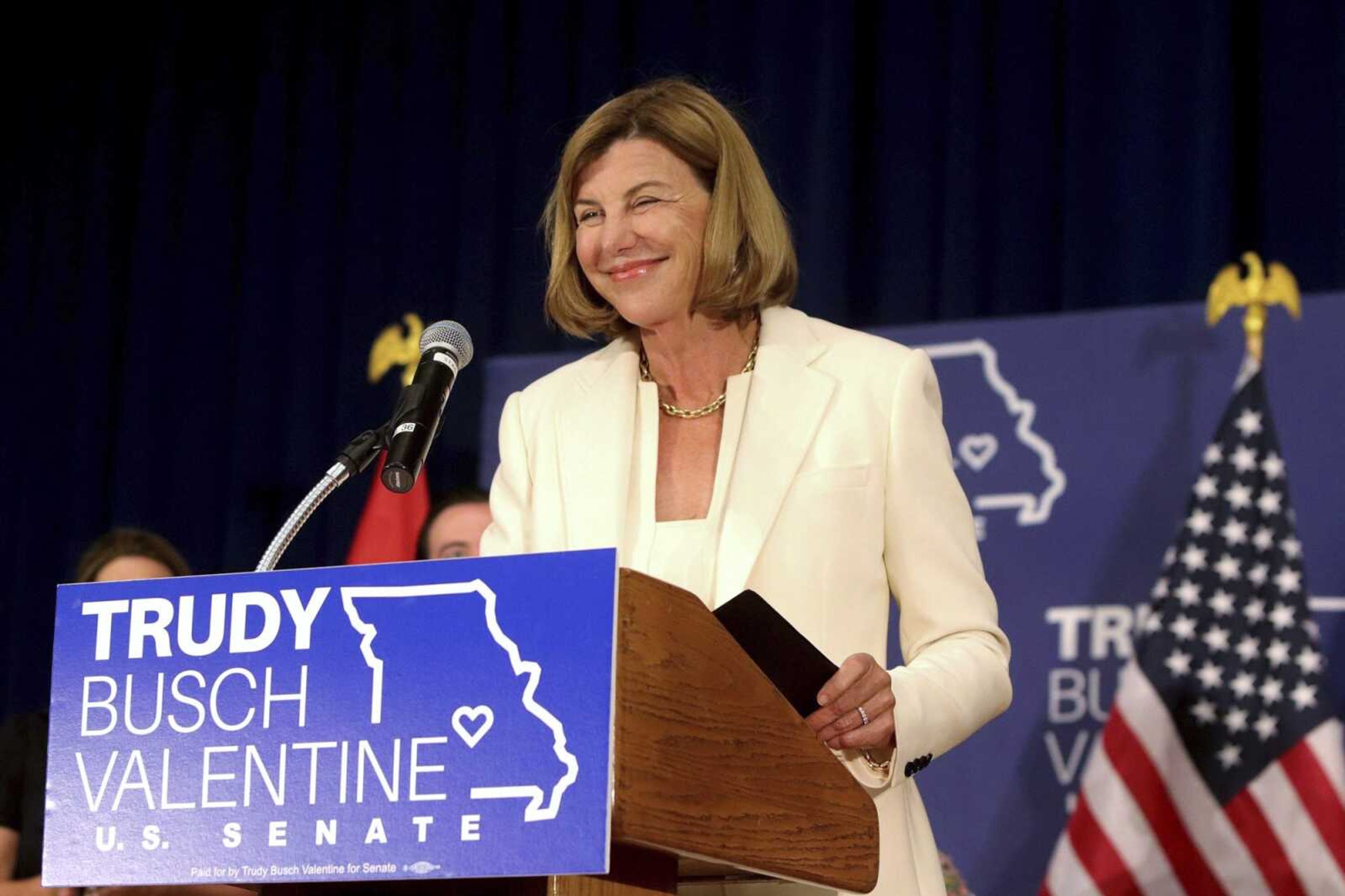 Trudy Busch Valentine gives her victory speech at her watch party after victory in the Democratic primary for U.S. Senate from Missouri on Tuesday in St. Louis. Valentine will face off against former Jan. 6 committee investigator John Wood, a Republican running as an independent, and Republican Missouri Attorney General Eric Schmitt in the November elections.