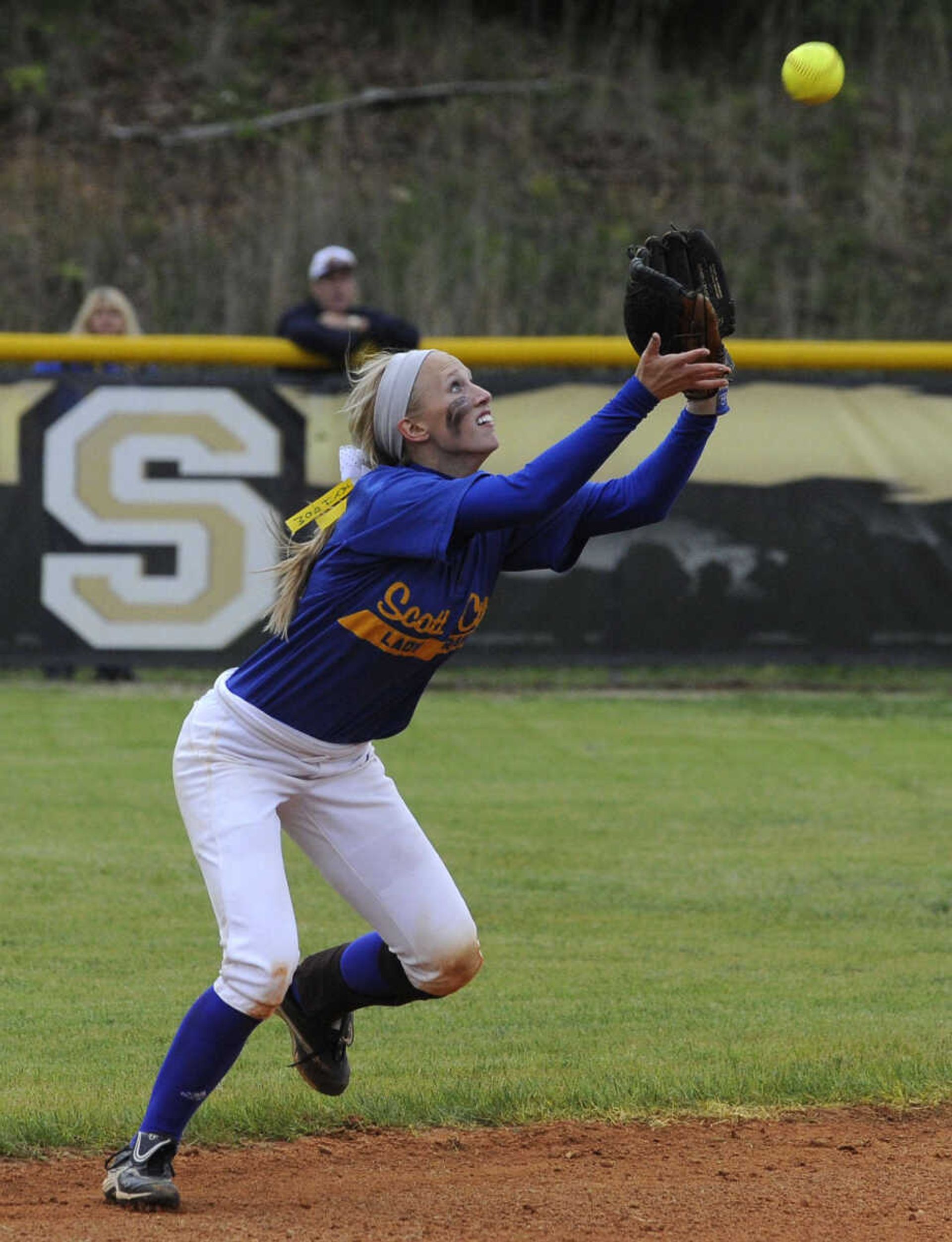 Scott City shortstop Lyndsie Robert catches a Kennett pop-up to end the top of the seventh inning in the Class 1 state semifinal game Friday, May 16, 2014 in Poplar Bluff, Mo. (Fred Lynch)