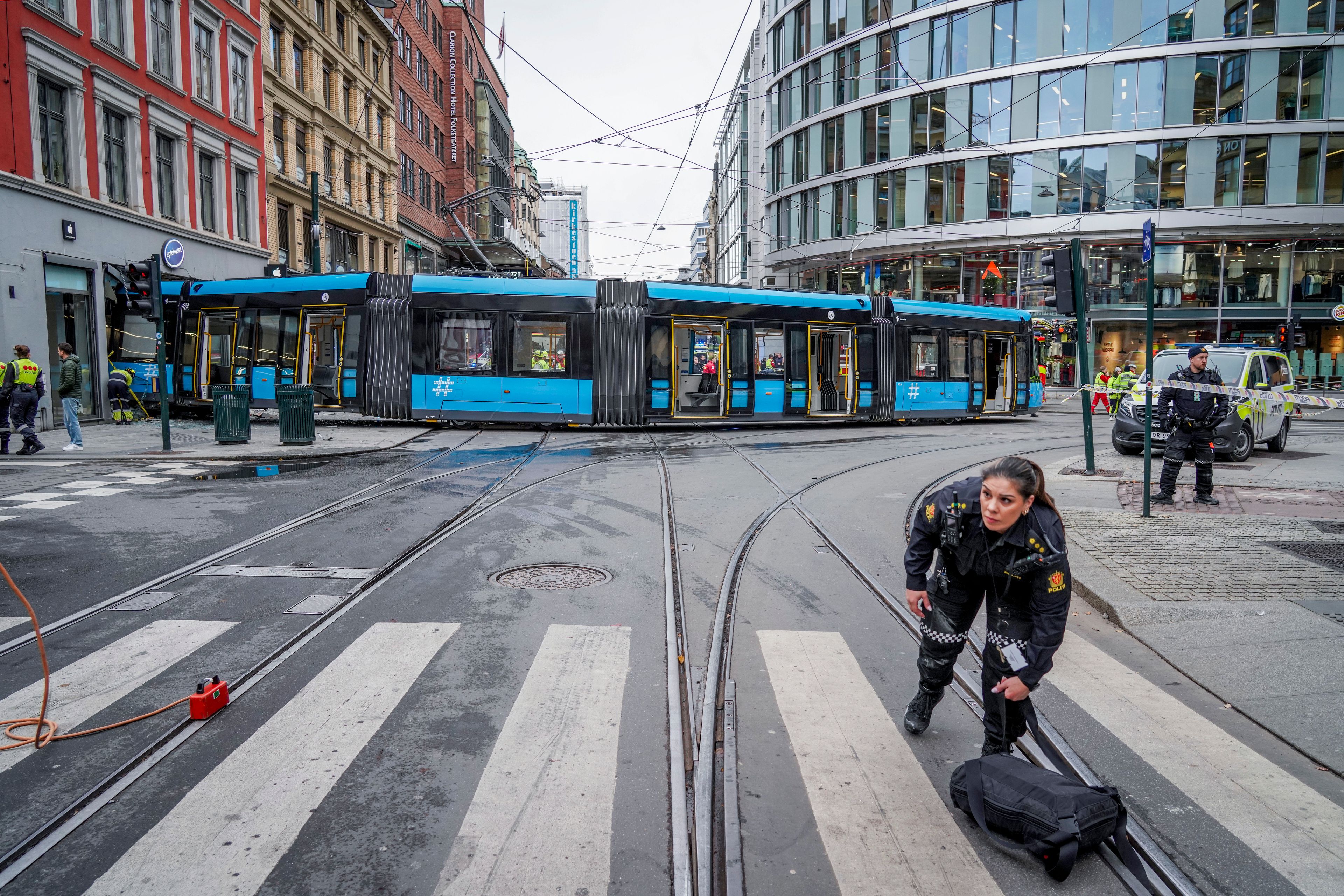 A derailed tram that crashed into a building in downtown Oslo, Norway, Tuesday Oct. 29, 2024. (Terje Pedersen/NTB Scanpix via AP)