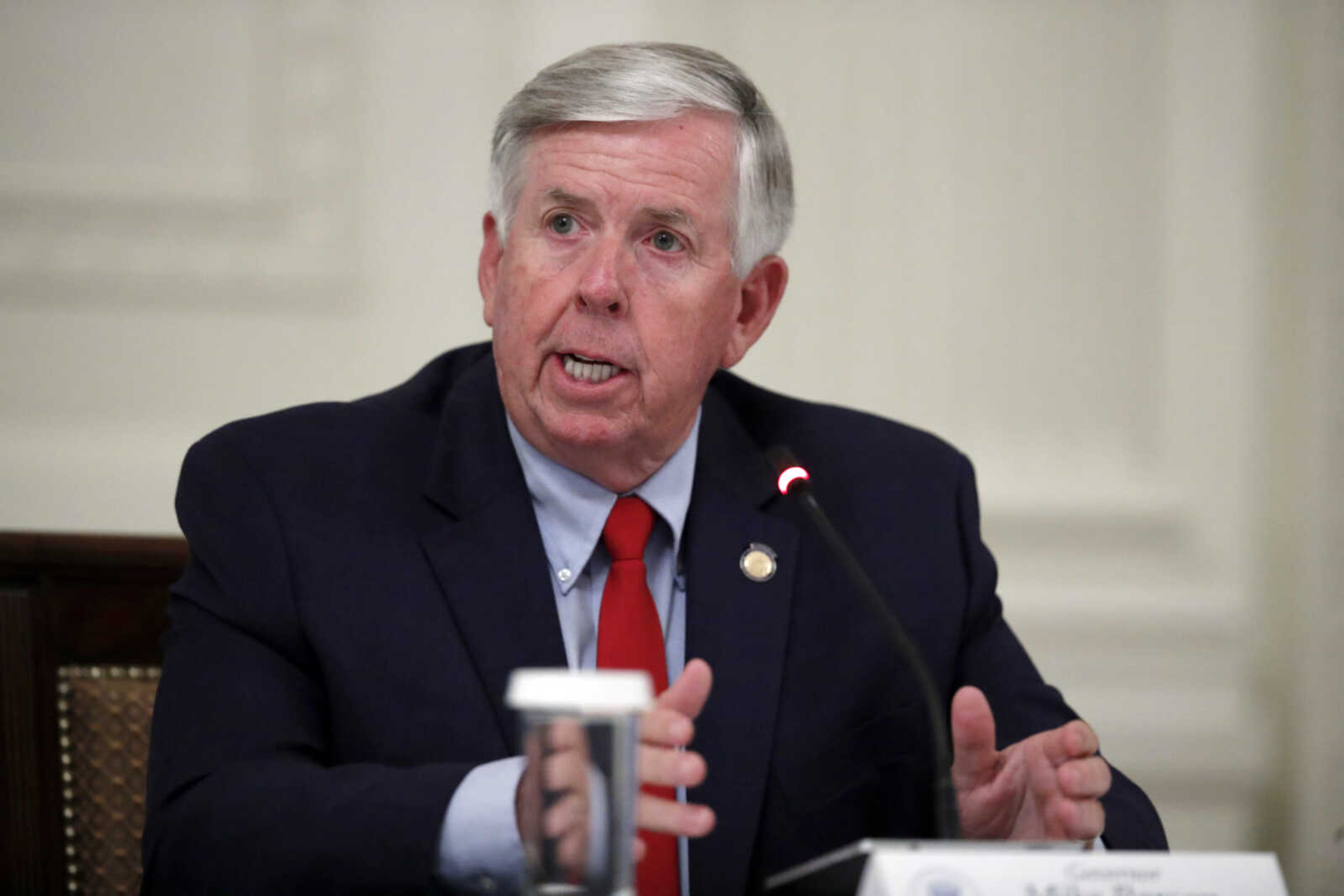 Gov. Mike Parson speaks during a National Dialogue on Safely Reopening America's Schools event in the East Room of the White House on July 7 in Washington.