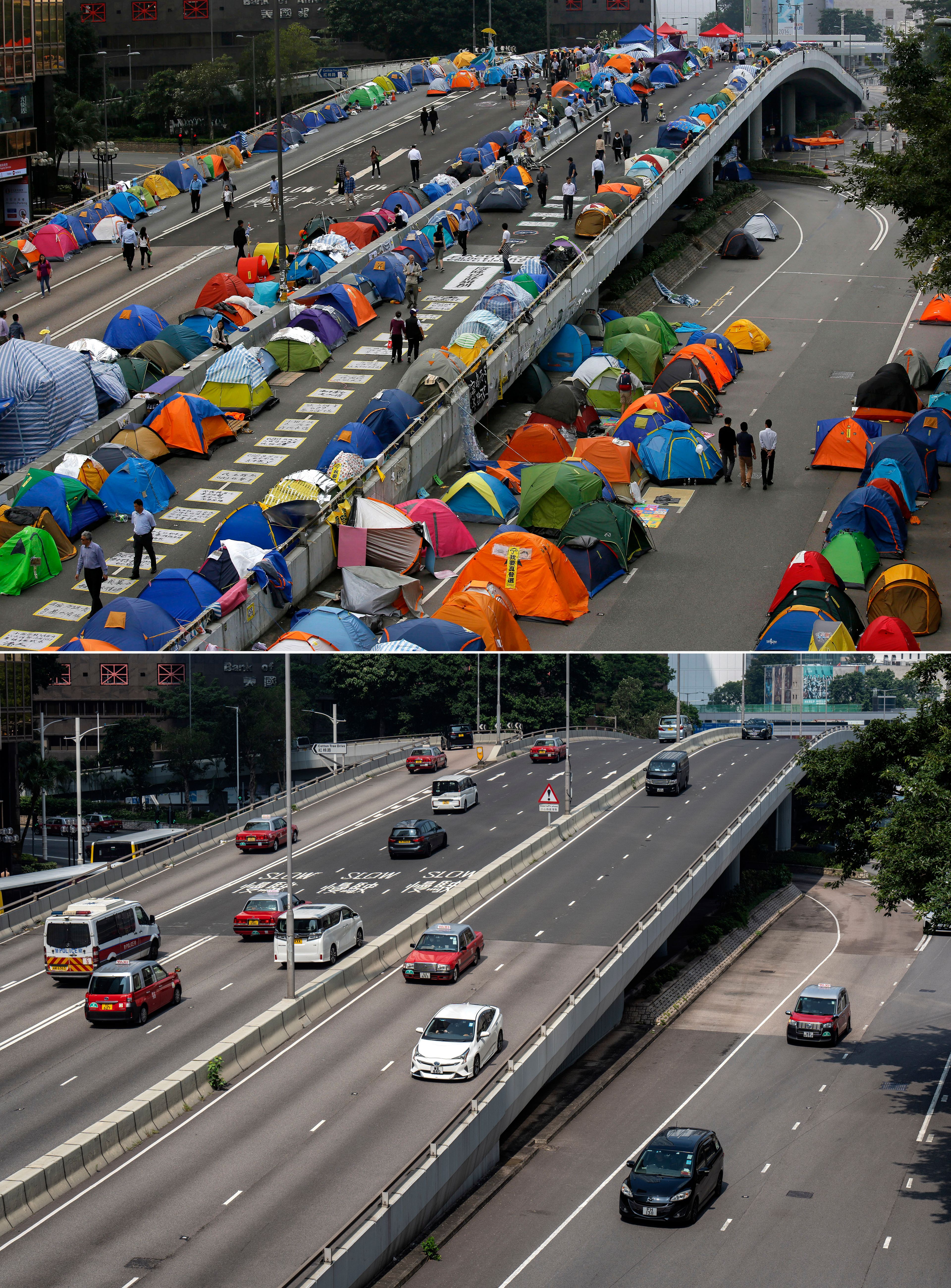 This combination image made from two photos shows tents set up by pro-democracy protesters in an occupied area outside the government headquarters in Hong Kong's Admiralty district in Hong Kong Tuesday, Nov. 11, 2014, and the same site on Saturday, Sept. 28, 2024. (AP Photo/Vincent Yu, Chan Long Hei)