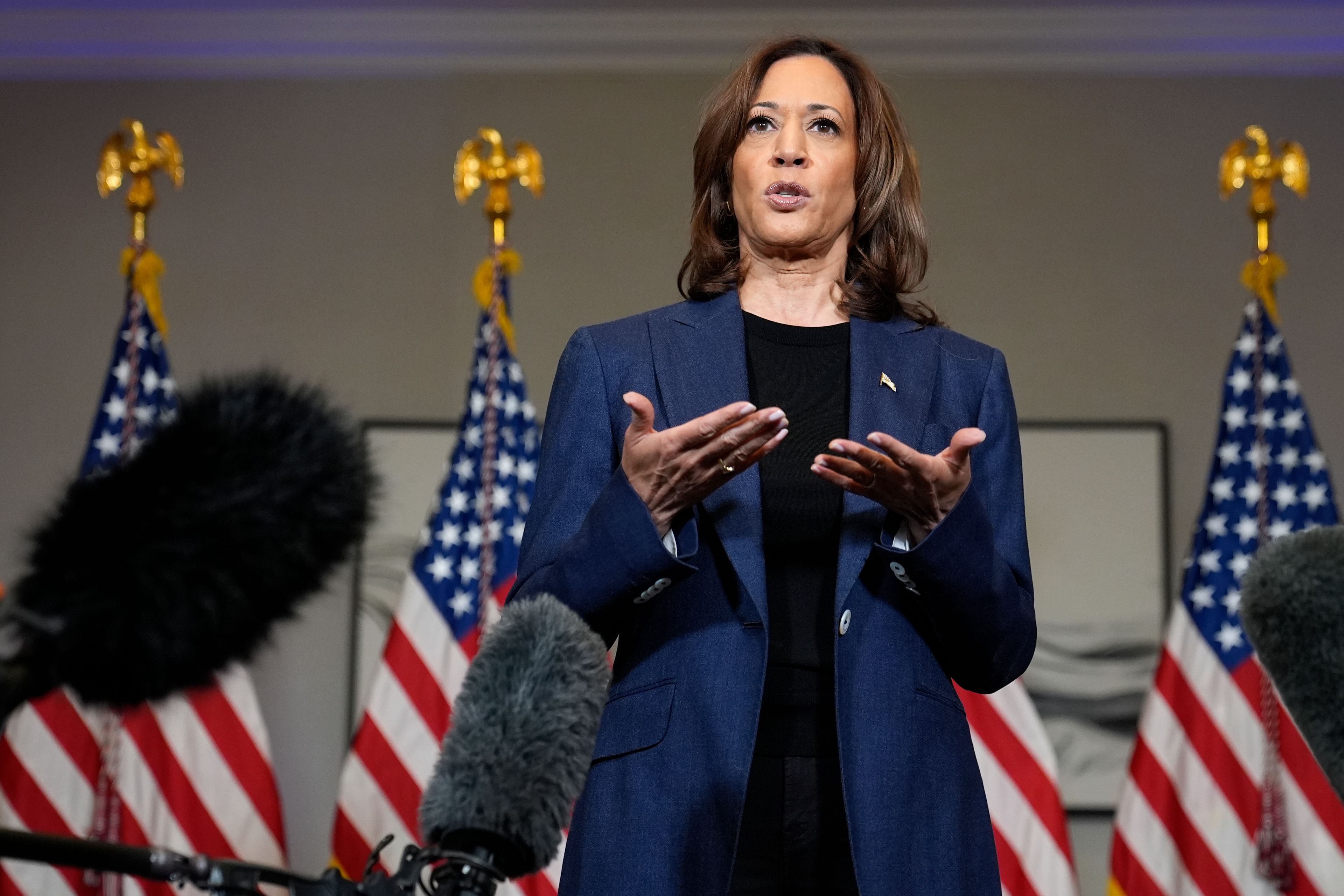 Democratic presidential nominee Vice President Kamala Harris speaks to reporters in Houston, Friday, Oct. 25, 2024. (AP Photo/Susan Walsh)