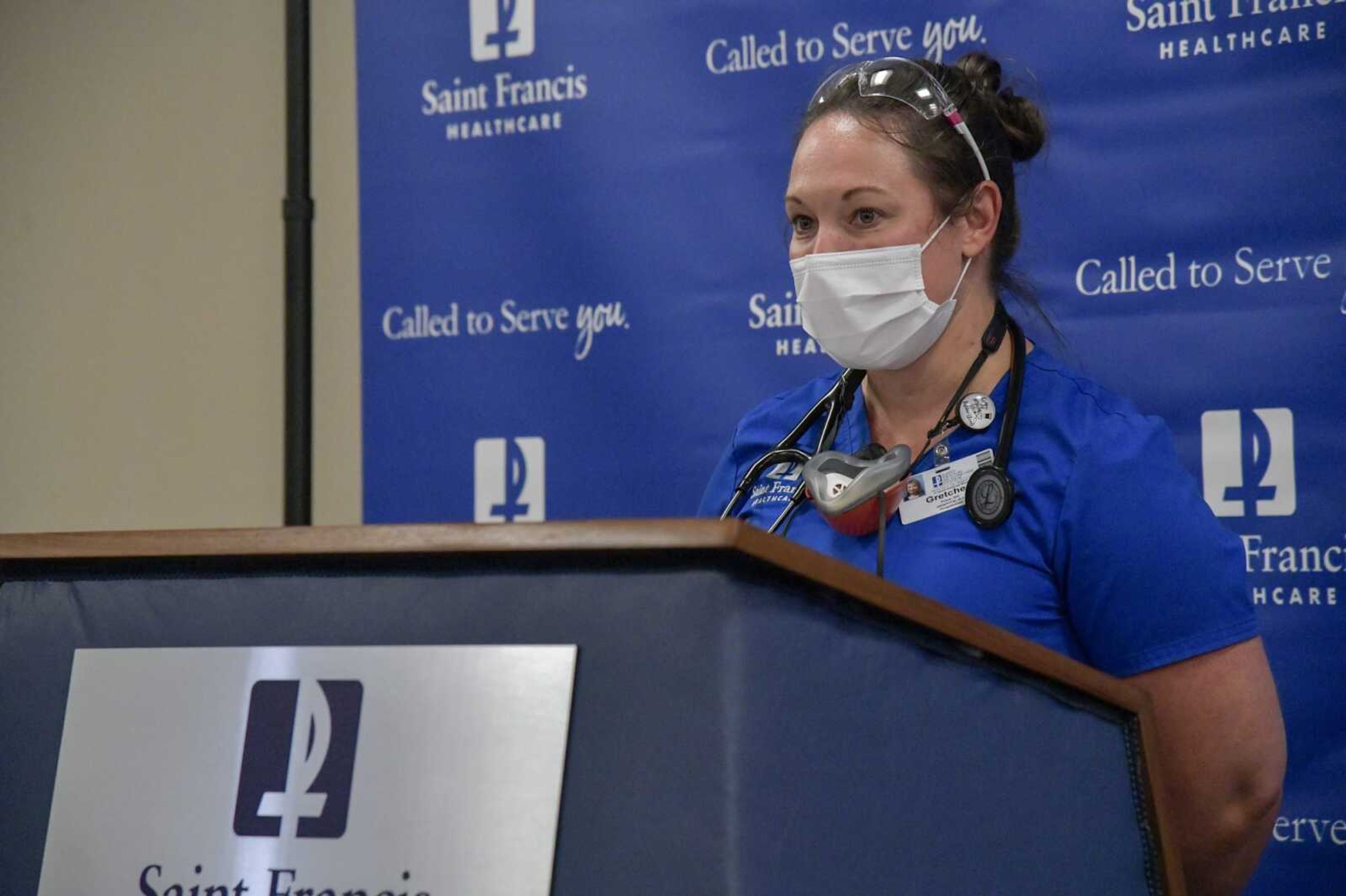 Physician Gretchen Price speaks during Thursday news conference about COVID-19 care at  Saint Francis Medical Center in Cape Girardeau.