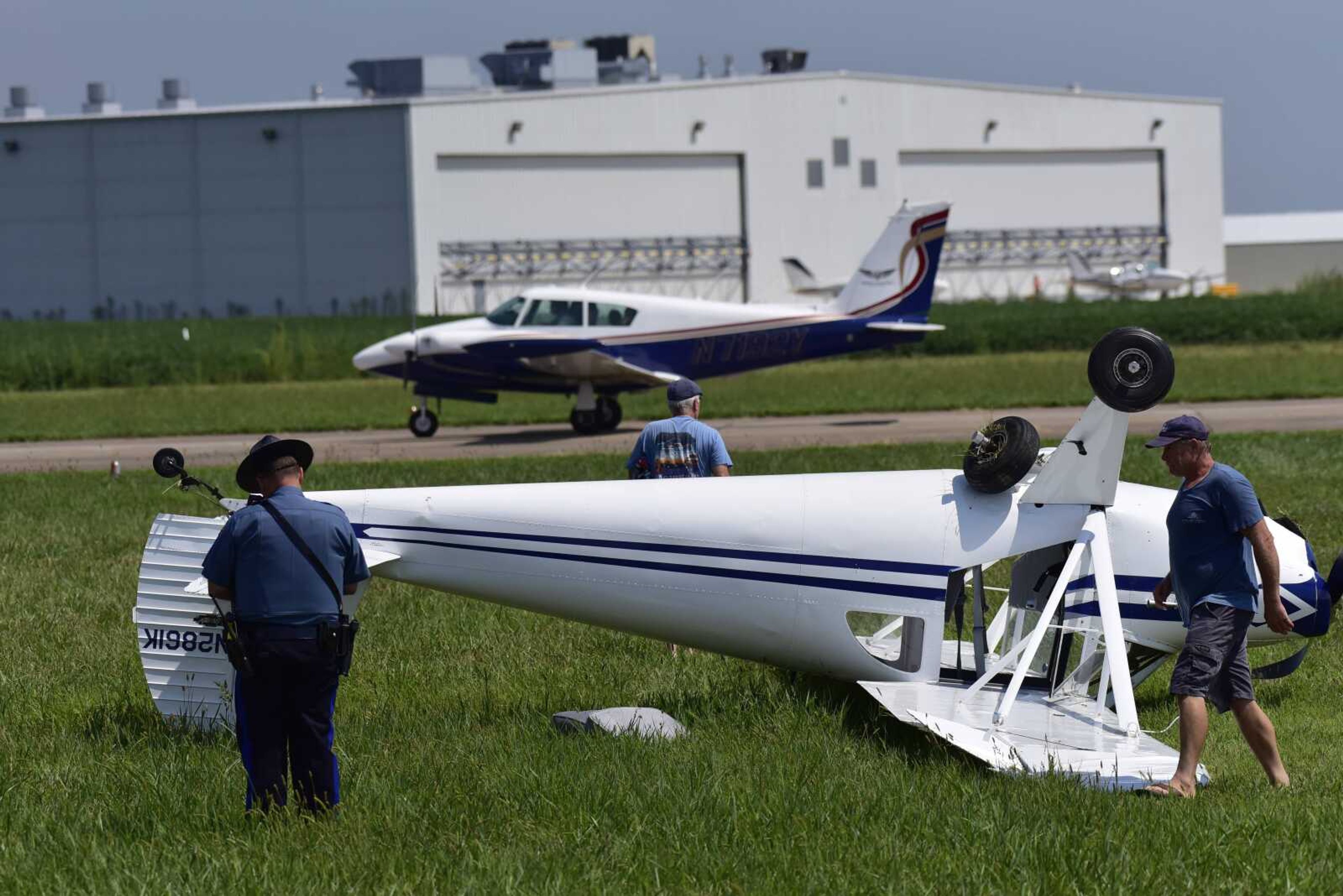 An airplane flipped over shortly after takeoff on Monday afternoon at the Perryville Airport near the time of the total eclipse. The pilot was taken away on a golf cart, able to walk on his own power. 