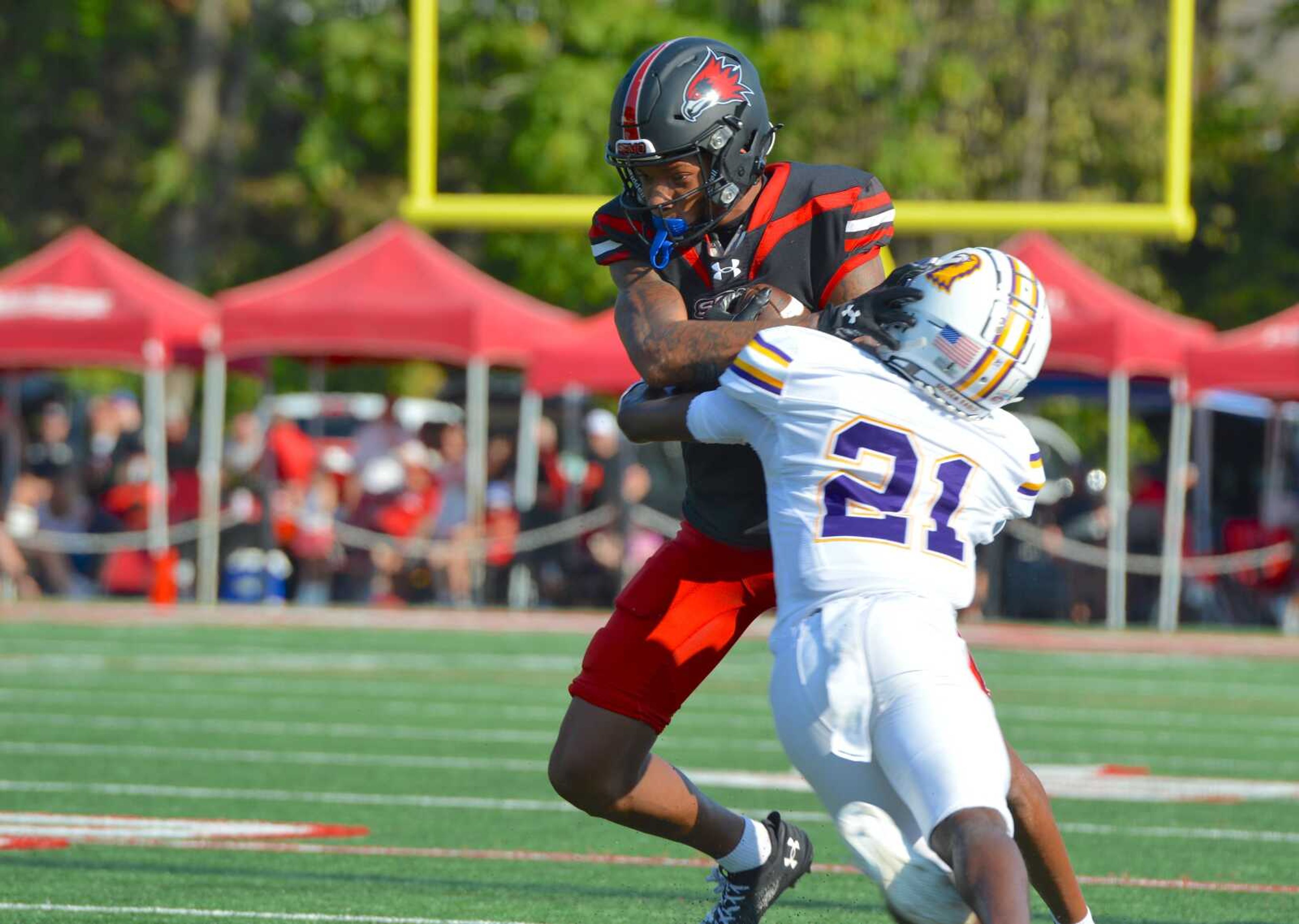 SEMO wide receiver Tristan Smith tries to shed a Tennessee Tech defender on Saturday, Oct. 12.