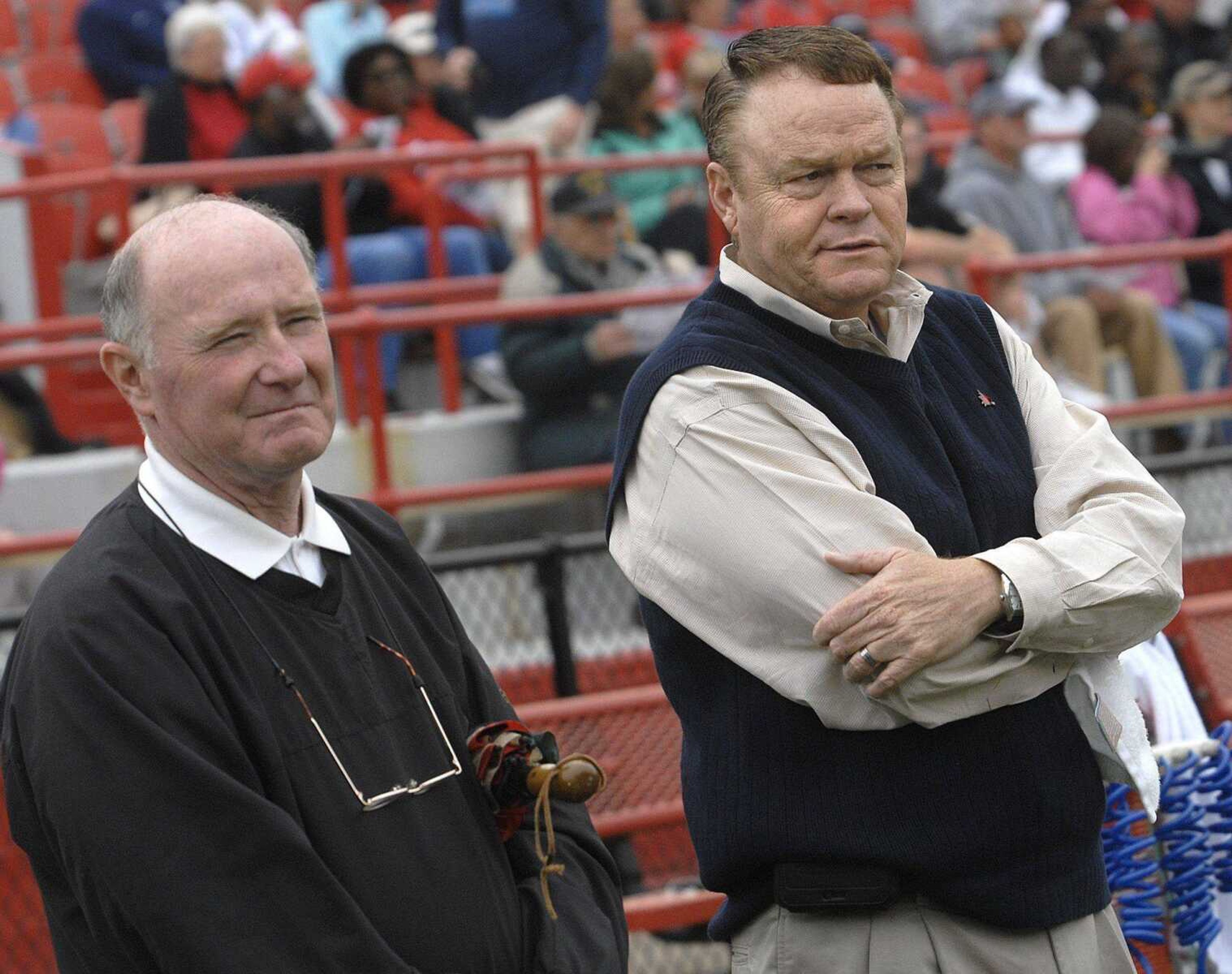 Southeast Missouri State athletic director John Shafer watches last year's spring intrasquad football game with men's basketball coach Dickey Nutt. (Southeast Missourian file)