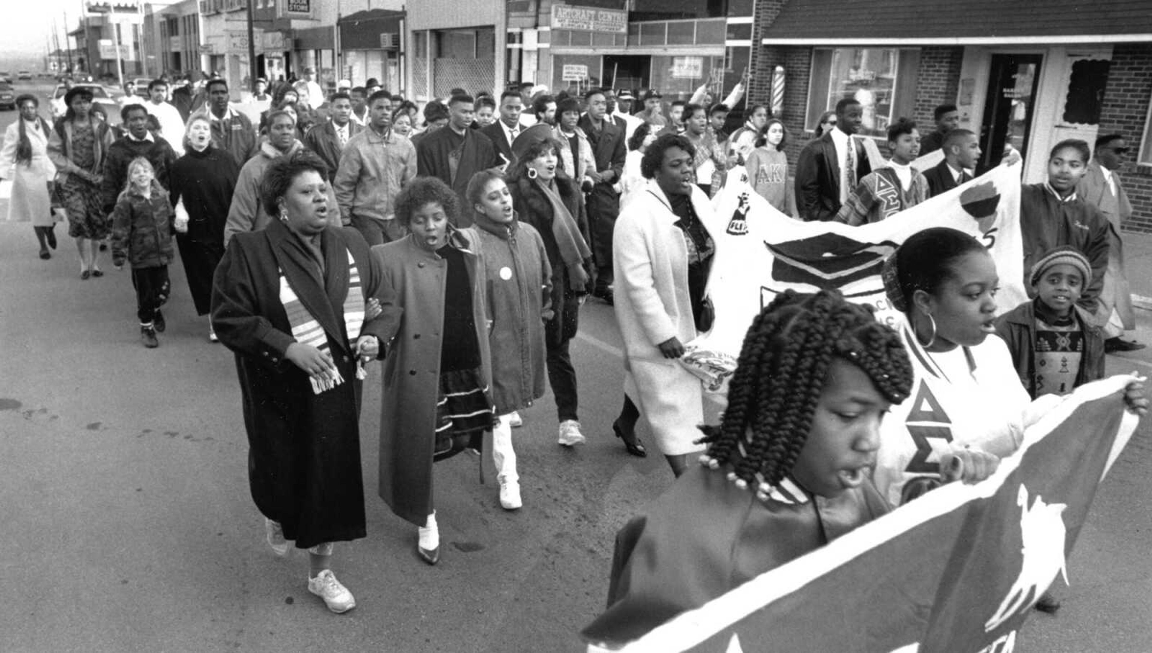 Published Jan. 27, 1992.
Marchers proceeded west on Broadway during a Martin Luther King Jr. Memorial Freedom March. The march began at Common Pleas Courhouse and ended at St. James A.M.E. Church with a program of King's legacy to the church. (Fred Lynch ~ Southeast Missourian archive)