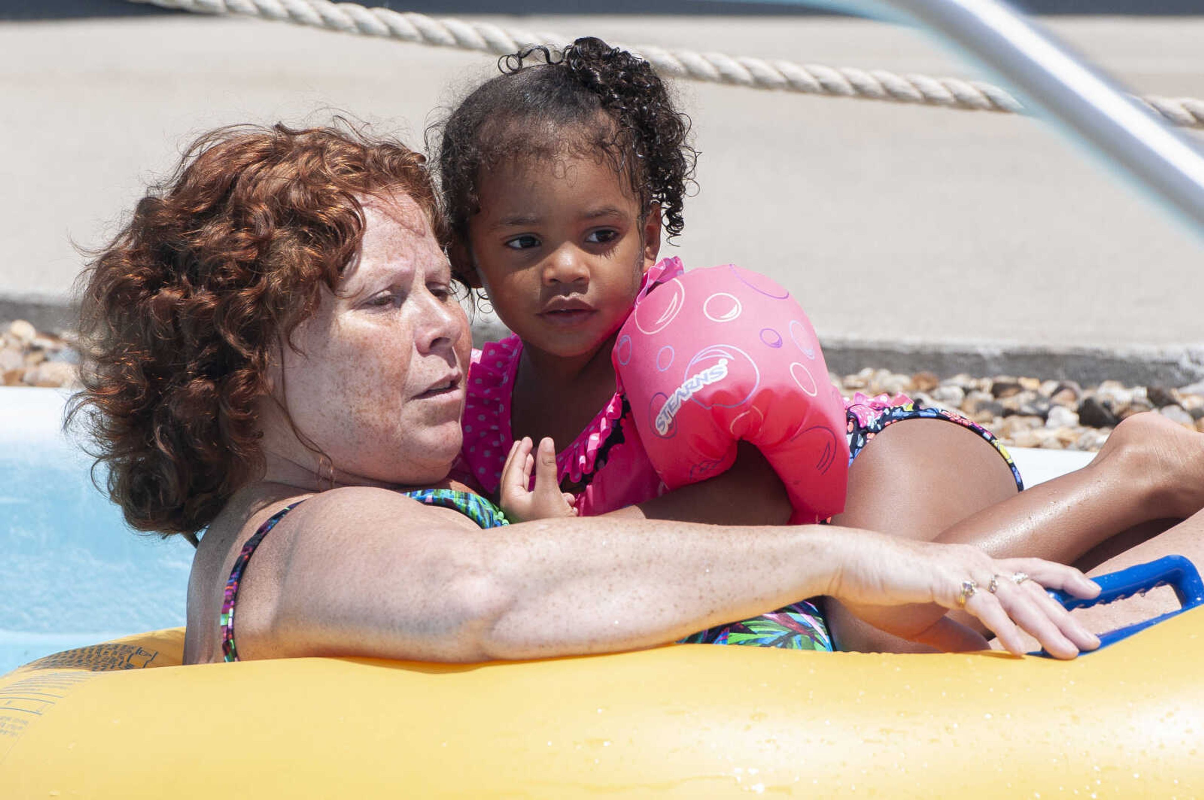 Tammy Meyerhoff of Carbondale, Illinois, goes around the lazy river with her granddaughter Az'Rihanna Woodson, 2, on Wednesday, June 10, 2020, at Cape Splash Family Aquatic Center in Cape Girardeau.