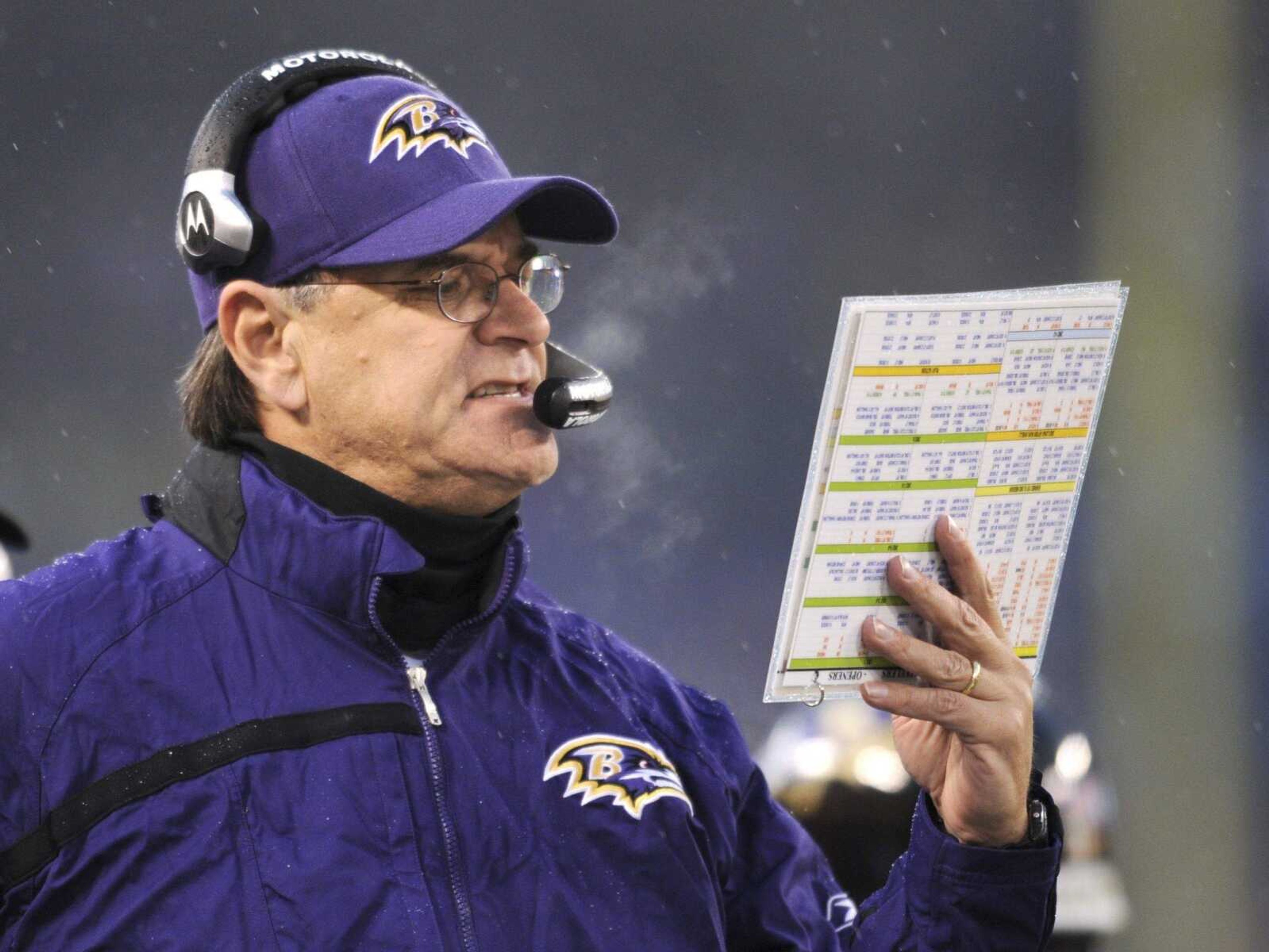 Baltimore Ravens coach Brian Billick looks over plays on the sidelines during the first half of the NFL football game against the Pittsburgh Steelers, in this Dec. 30, 2007, file photo in Baltimore. Billick was fired as coach of the Ravens on Monday, Dec. 31, 2007, less than a day after his team concluded a disappointing 5-11 season.  (AP Photo/Gail Burton, File)