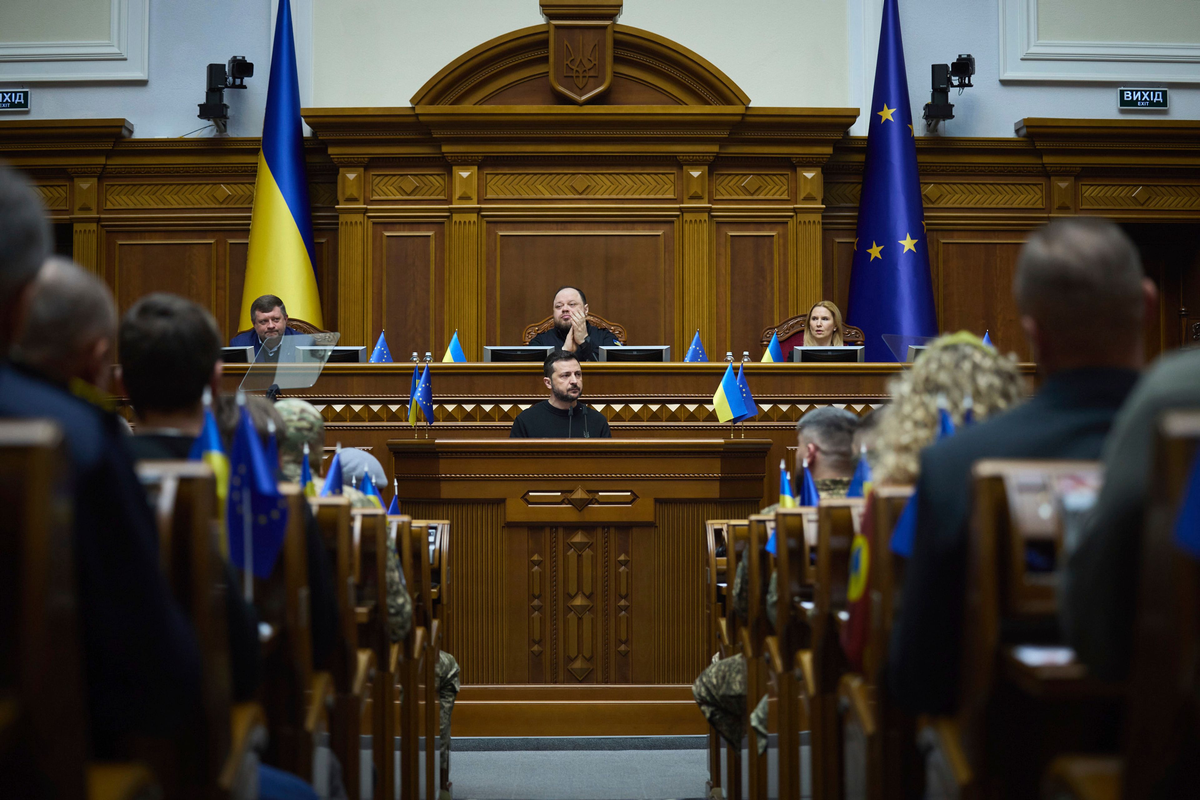 In this photo provided by the Press Service Of The President Of Ukraine on Nov. 19, 2024, Ukraine's President Volodymyr Zelenskyy speaks to parliamentarians at Verkhovna Rada in Kyiv, Ukraine. (Press Service Of The President Of Ukraine via AP)