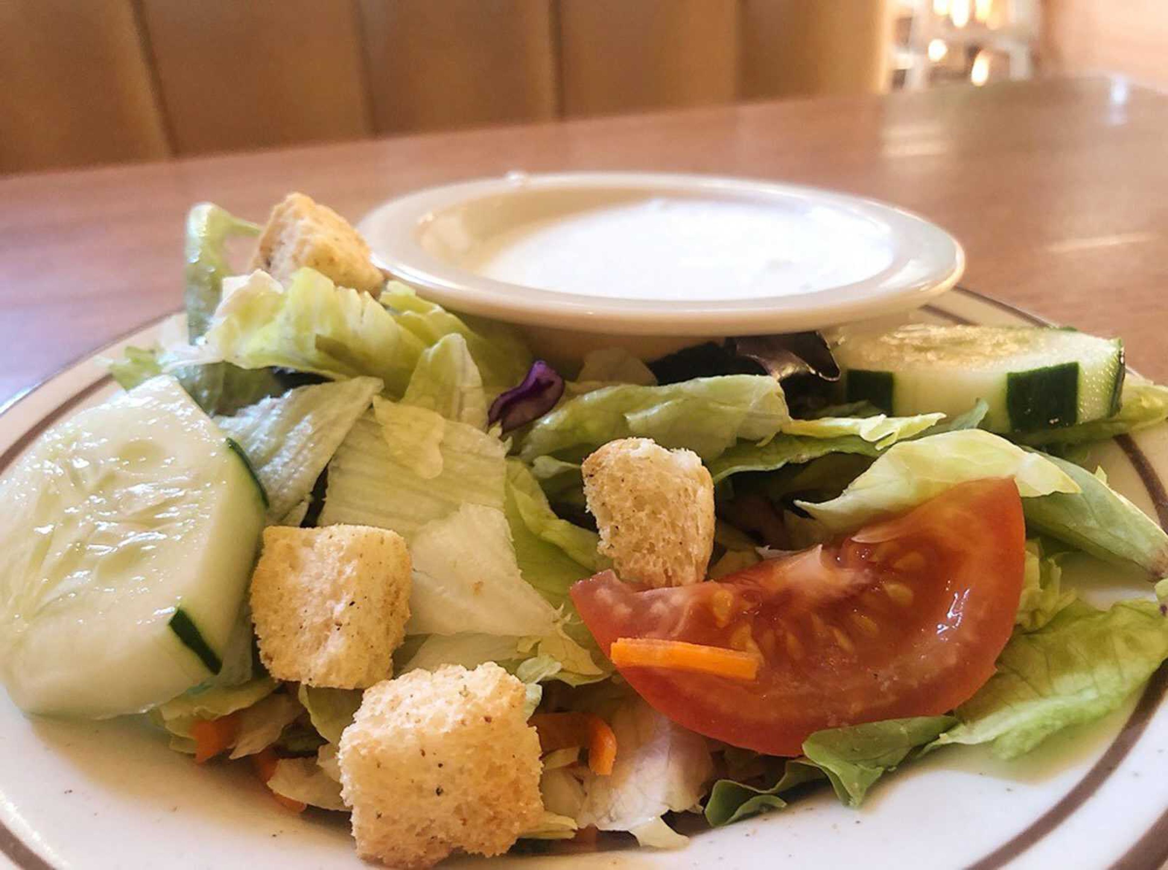 Salad with croutons, vegetables and dressing at Grecian Steak House in Cape Girardeau.