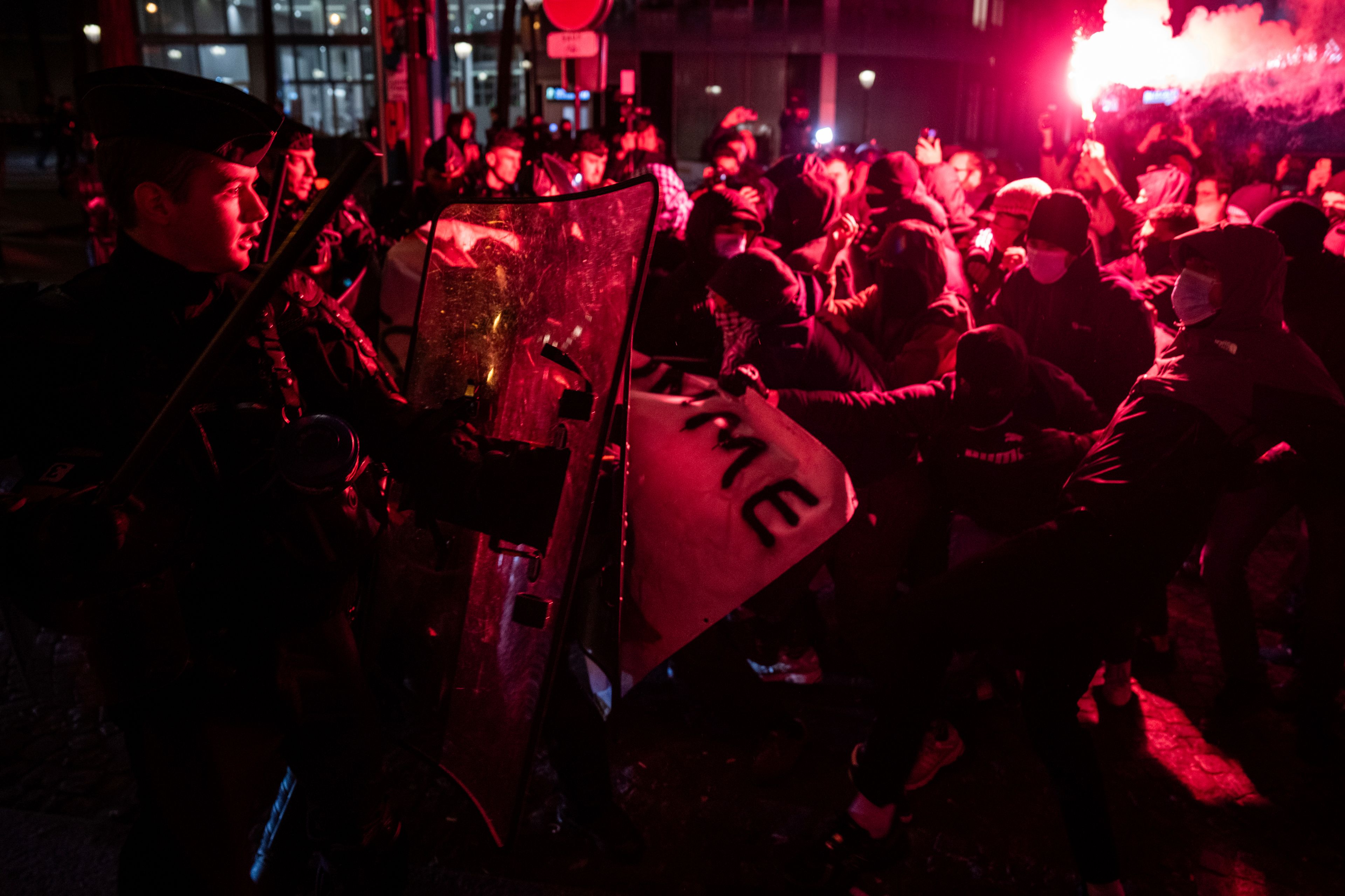 Protestors and police clash during a rally against the "Israel is Forever" gala organized by far-right Franco-Israeli figures, in Paris, Wednesday, Nov. 13, 2024, on the eve of the UEFA Nations League 2025 soccer match between France and Israel. (AP Photo/Louise Delmotte)