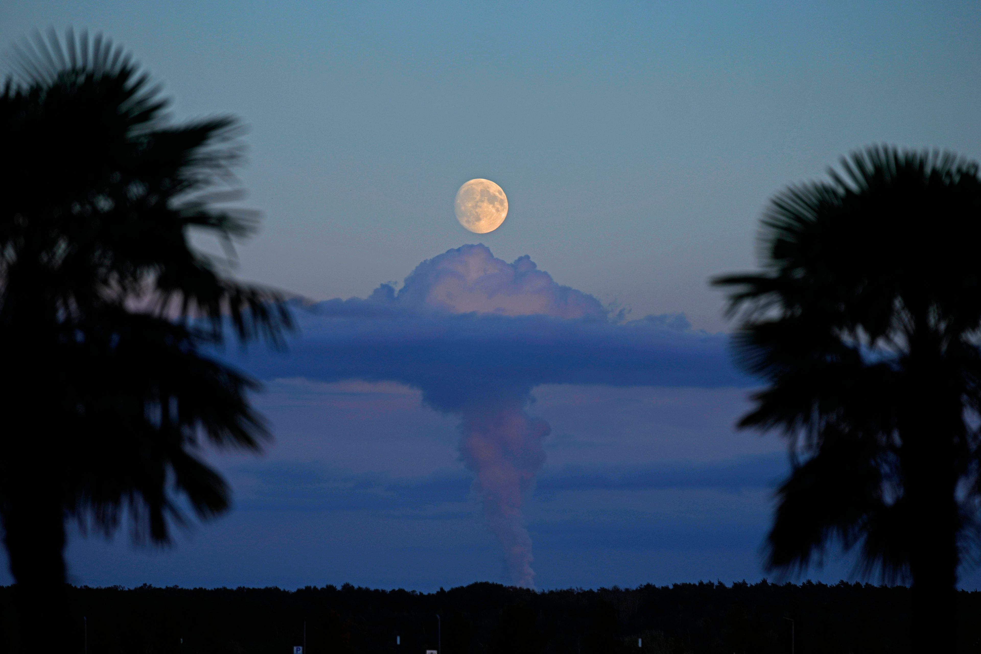 Steam rises from cooling towers of a power plant as the moon rises near Senftenberg, Germany, Tuesday, Oct. 15, 2024. (AP Photo/Matthias Schrader)