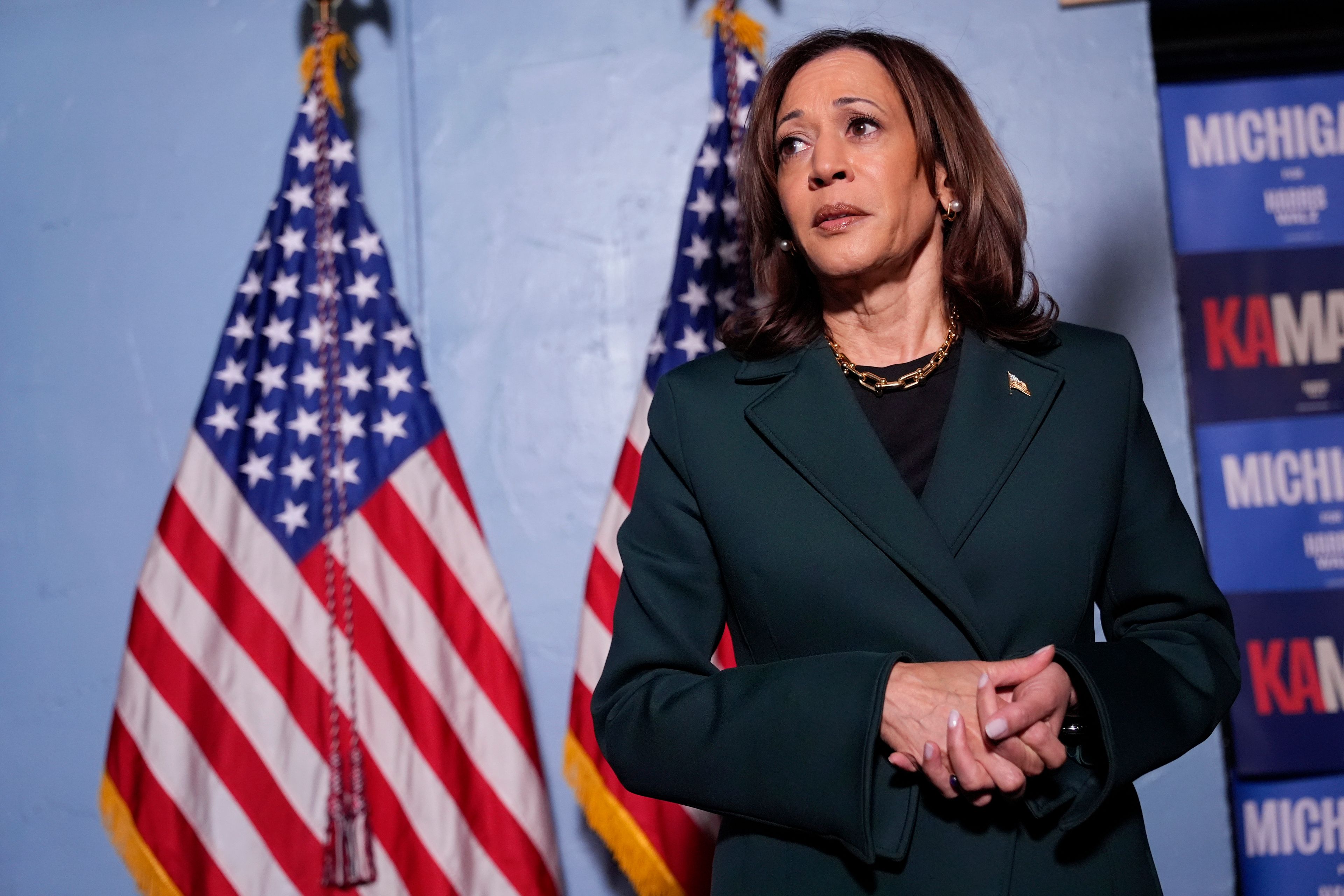 Democratic presidential nominee Vice President Kamala Harris speaks with reporters before a town hall at the Royal Oak Theatre in Royal Oak, Mich., Monday, Oct. 21, 2024. (AP Photo/Jacquelyn Martin)