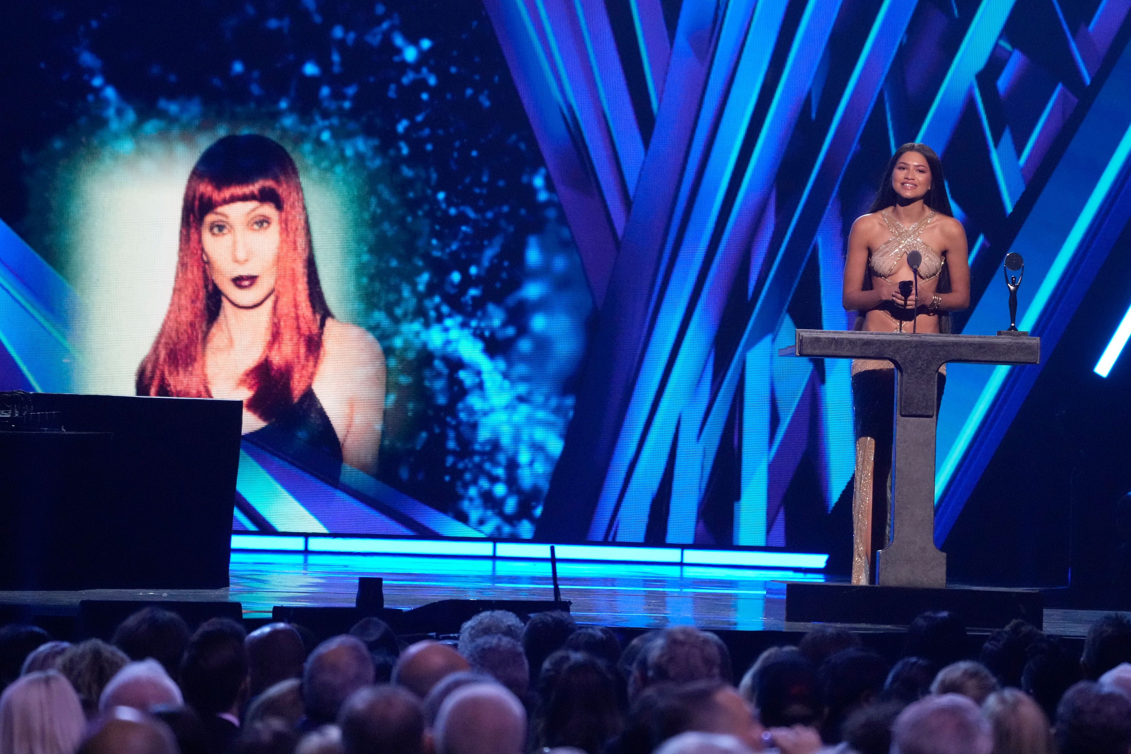 Zendaya speaks during the 39th Annual Rock & Roll Hall of Fame Induction Ceremony on Saturday, Oct. 19, 2024, at Rocket Mortgage FieldHouse in Cleveland. (AP Photo/Chris Pizzello)