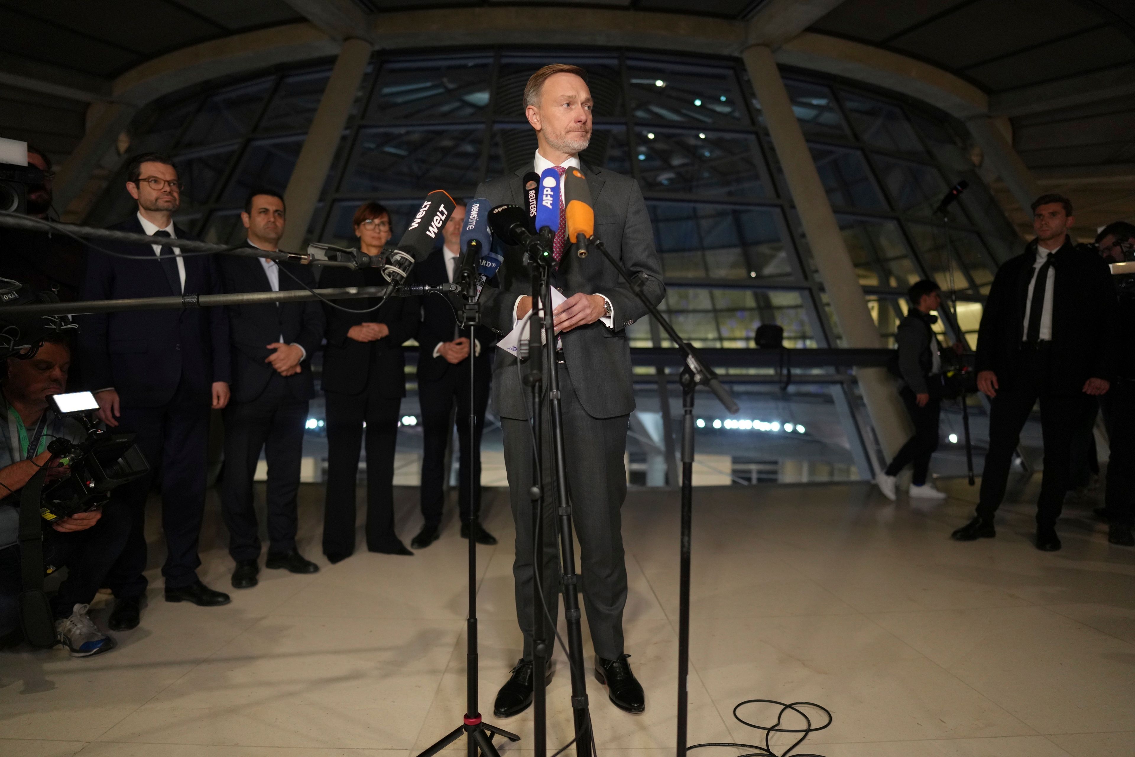 Federal Minister of Finance Christian Lindner makes a press statement following his dismissal by the Federal Chancellor in Berlin, Wednesday Nov. 6, 2024. (Kay Nietfeld/dpa via AP)