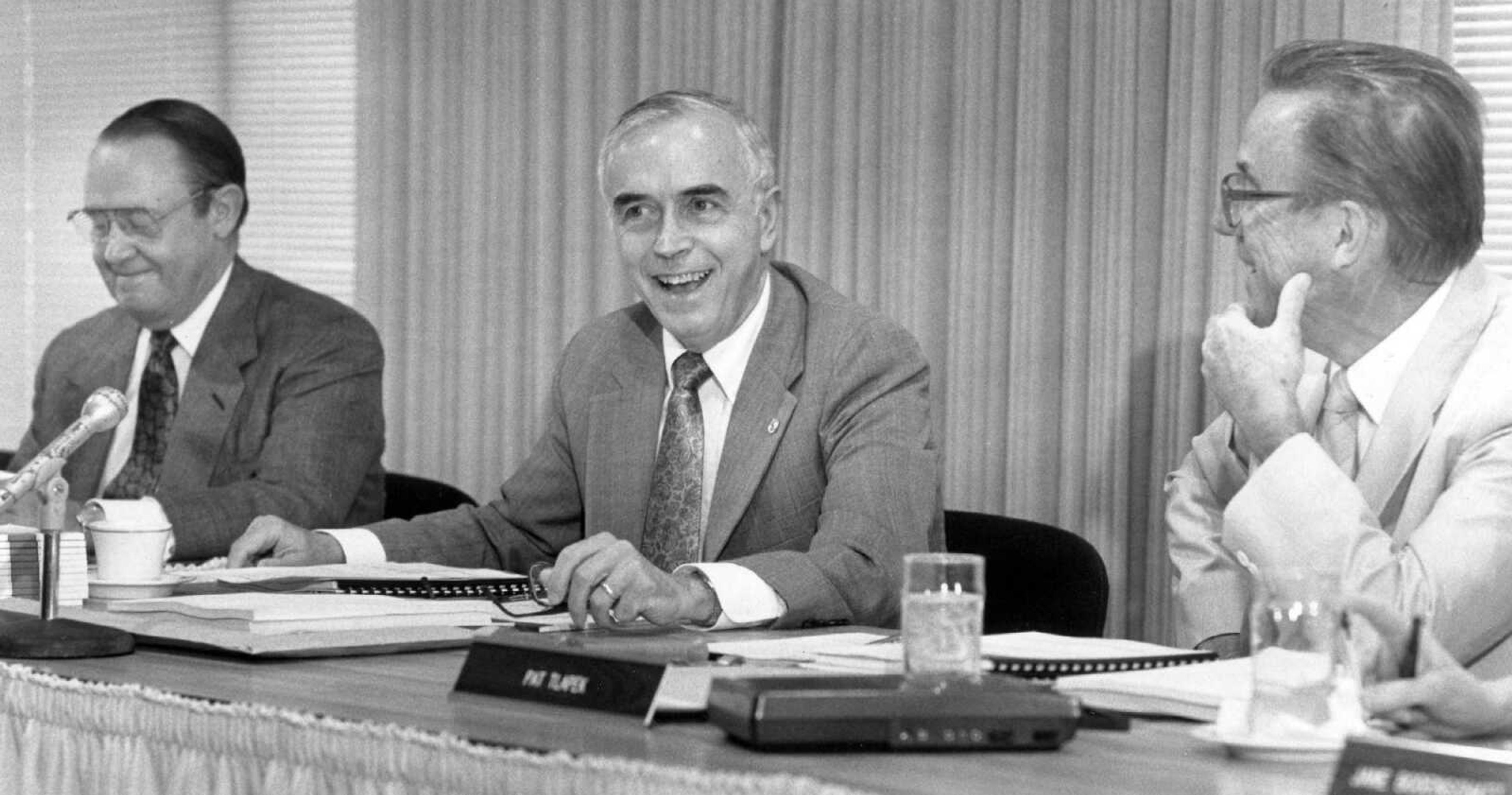 Published June 19, 1990.
Southeast Missouri State University President Dr. Robert W. Foster, center, met at the University Center with the university's Board of Regents, including Donald L. Harrison, left, and Pat Tlapek. (Southeast Missourian archive)