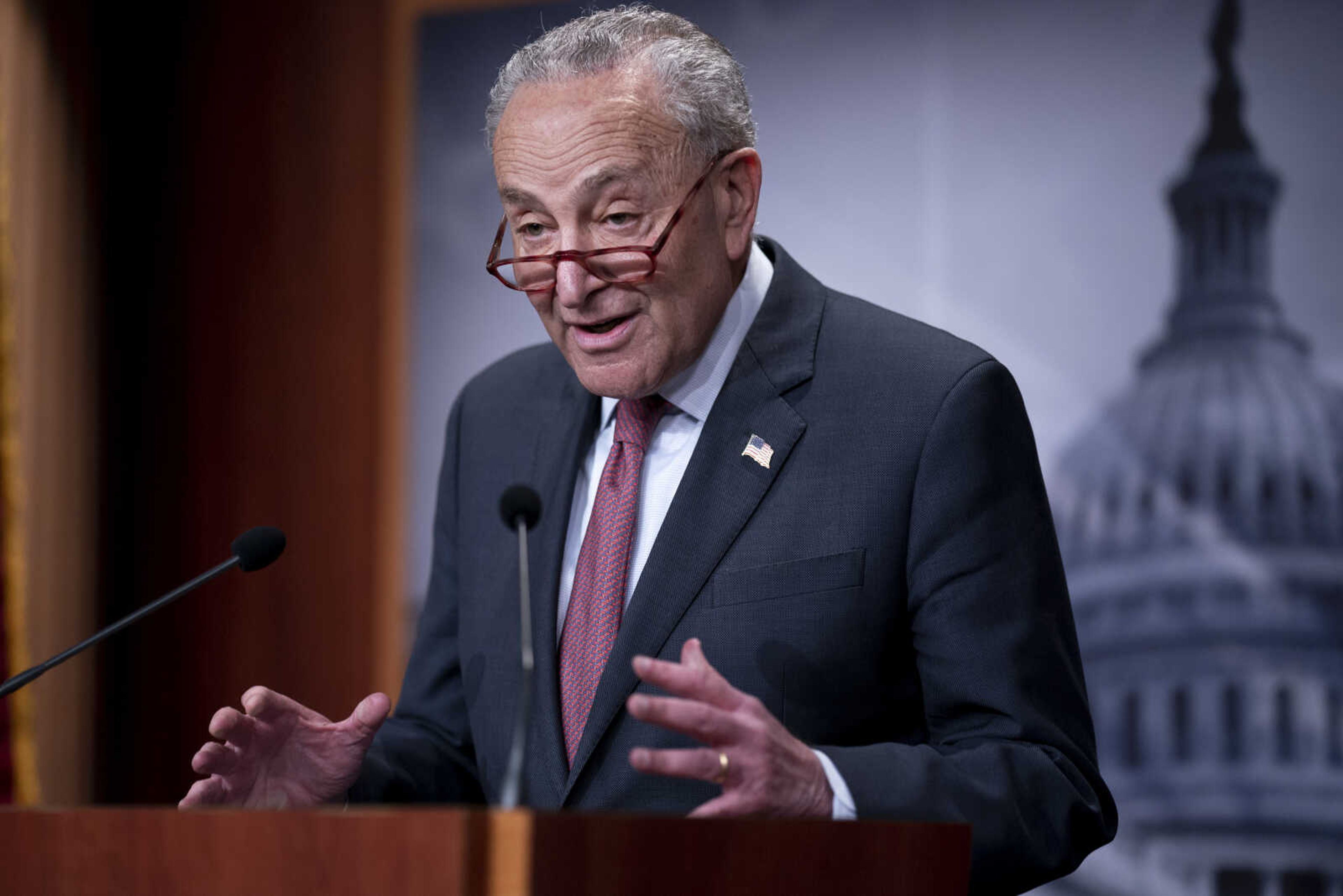 Senate Majority Leader Chuck Schumer, D-N.Y., meets with reporters to criticize Speaker of the House Kevin McCarthy, R-Calif., for playing politics as they grapple with a solution to the debt ceiling deadline, at the Capitol in Washington, Monday, April 17, 2023. Schumer also fielded questions on the extended absence of Sen. Dianne Feinstein, D-Calif., who is recovering from shingles. (AP Photo/J. Scott Applewhite)