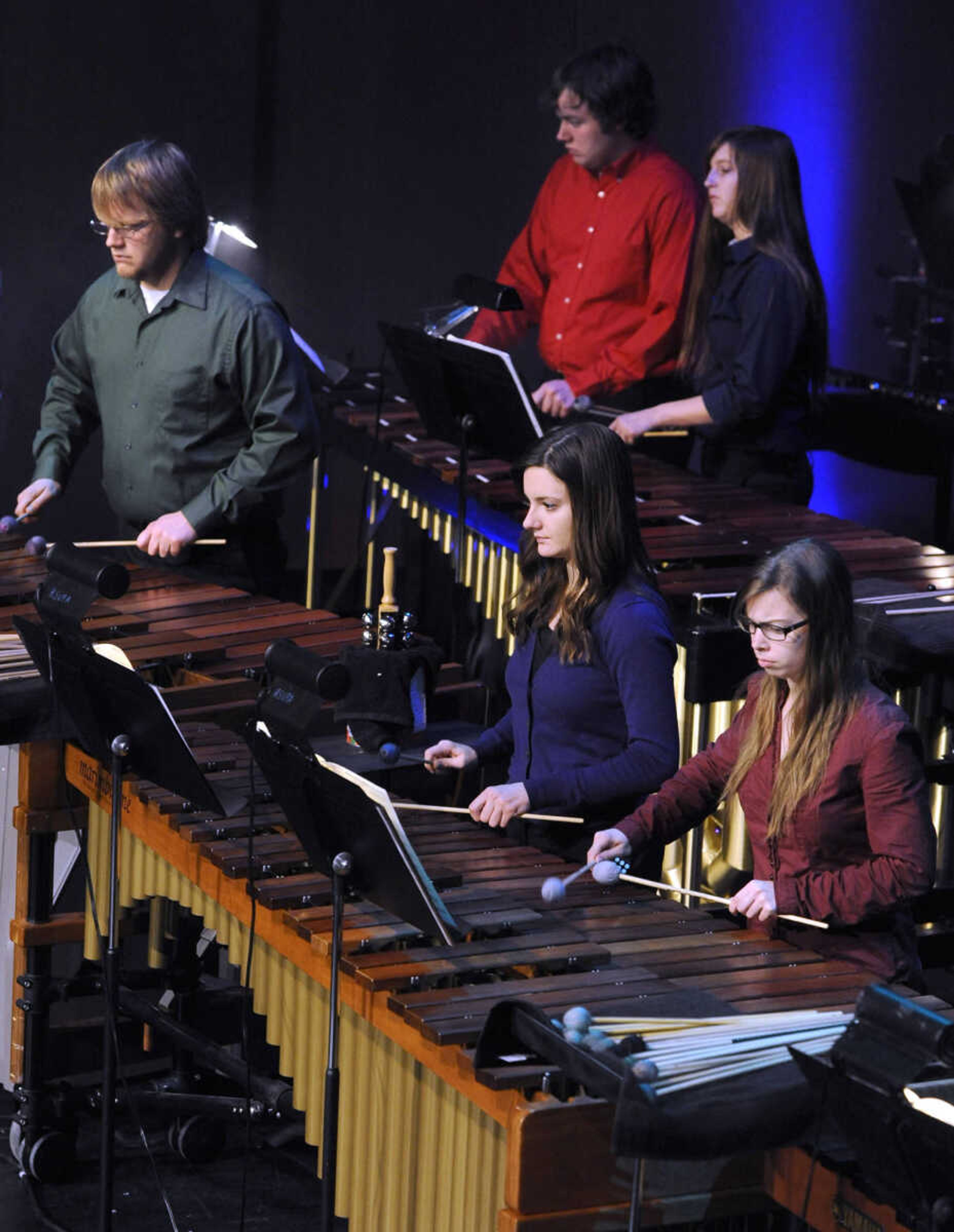 Members of the Southeast Missouri State University Percussion Ensemble perform at the Family Holiday Concert Saturday, Dec. 13, 2014 at Bedell Performance Hall on the River Campus.