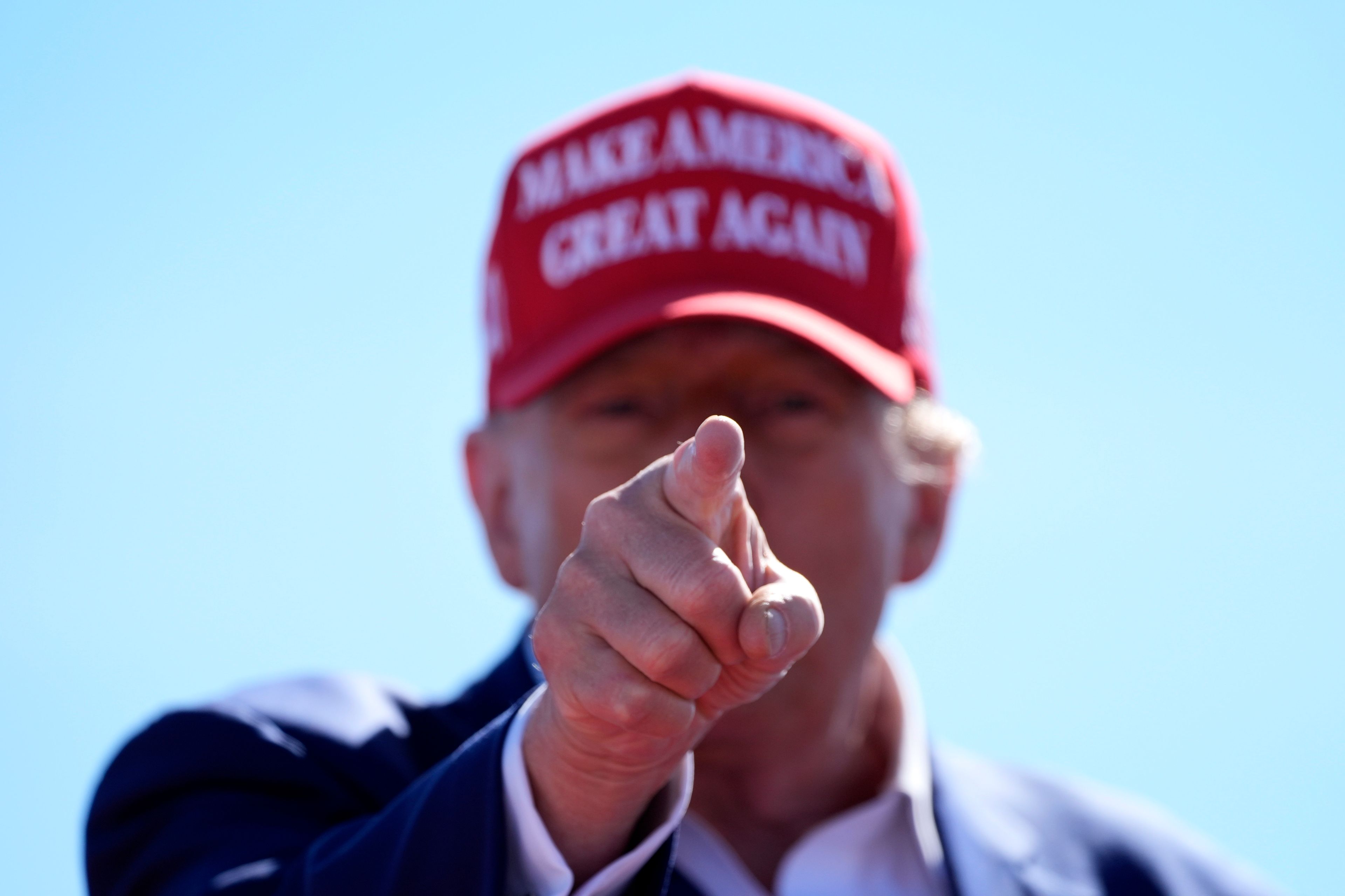 Republican presidential nominee former President Donald Trump gestures during a campaign event at Central Wisconsin Airport, Saturday, Sept. 7, 2024, in Mosinee, Wis. (AP Photo/Alex Brandon)