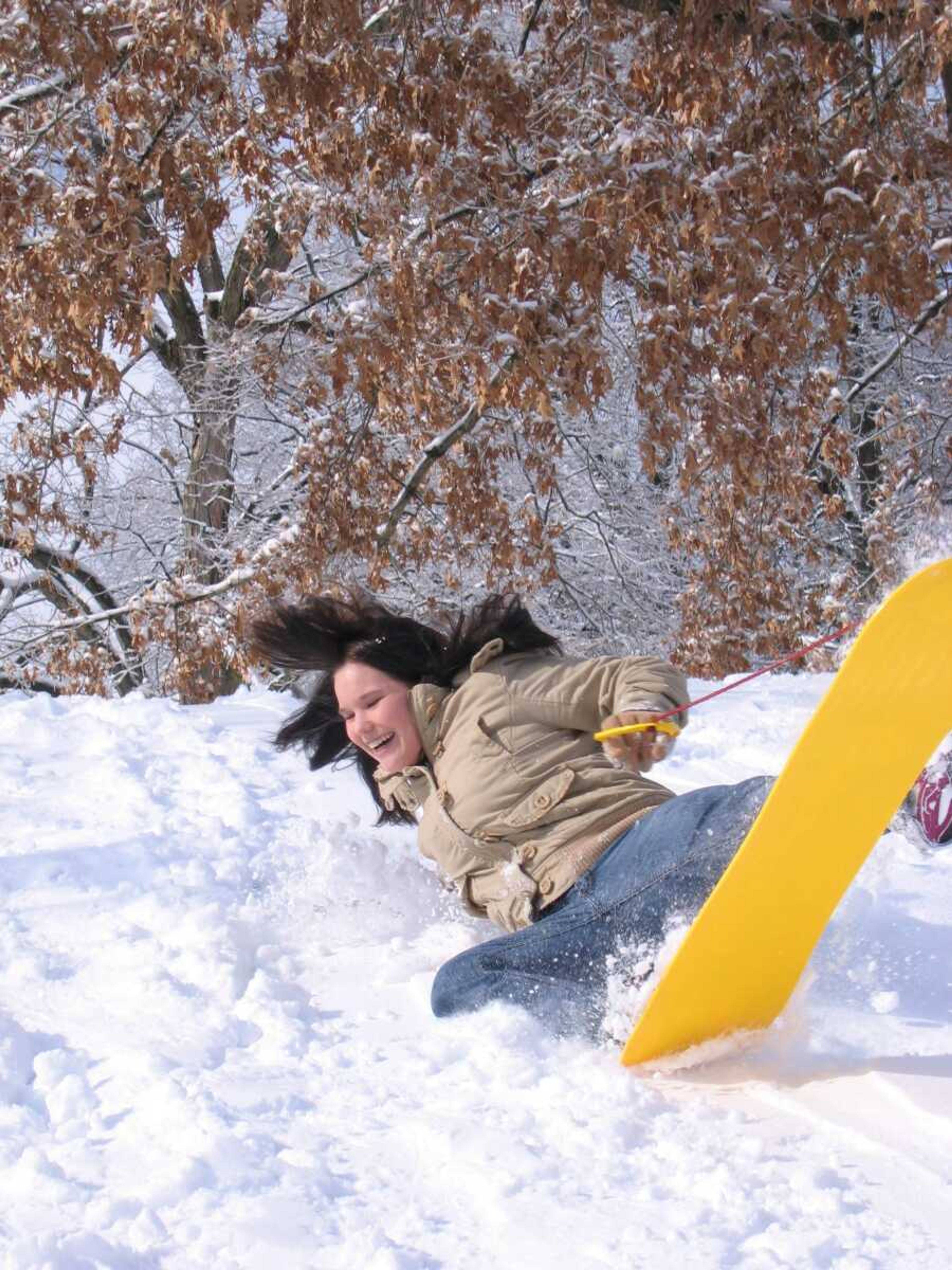 Photo by Jay Wolz, Southeast Missouri Hospital Marketing Department
Ashley Jackson of Cape Girardeau takes a tumble as she tries to navigate a slope at Capaha Park on her "surf sled" Wednesday afternoon.