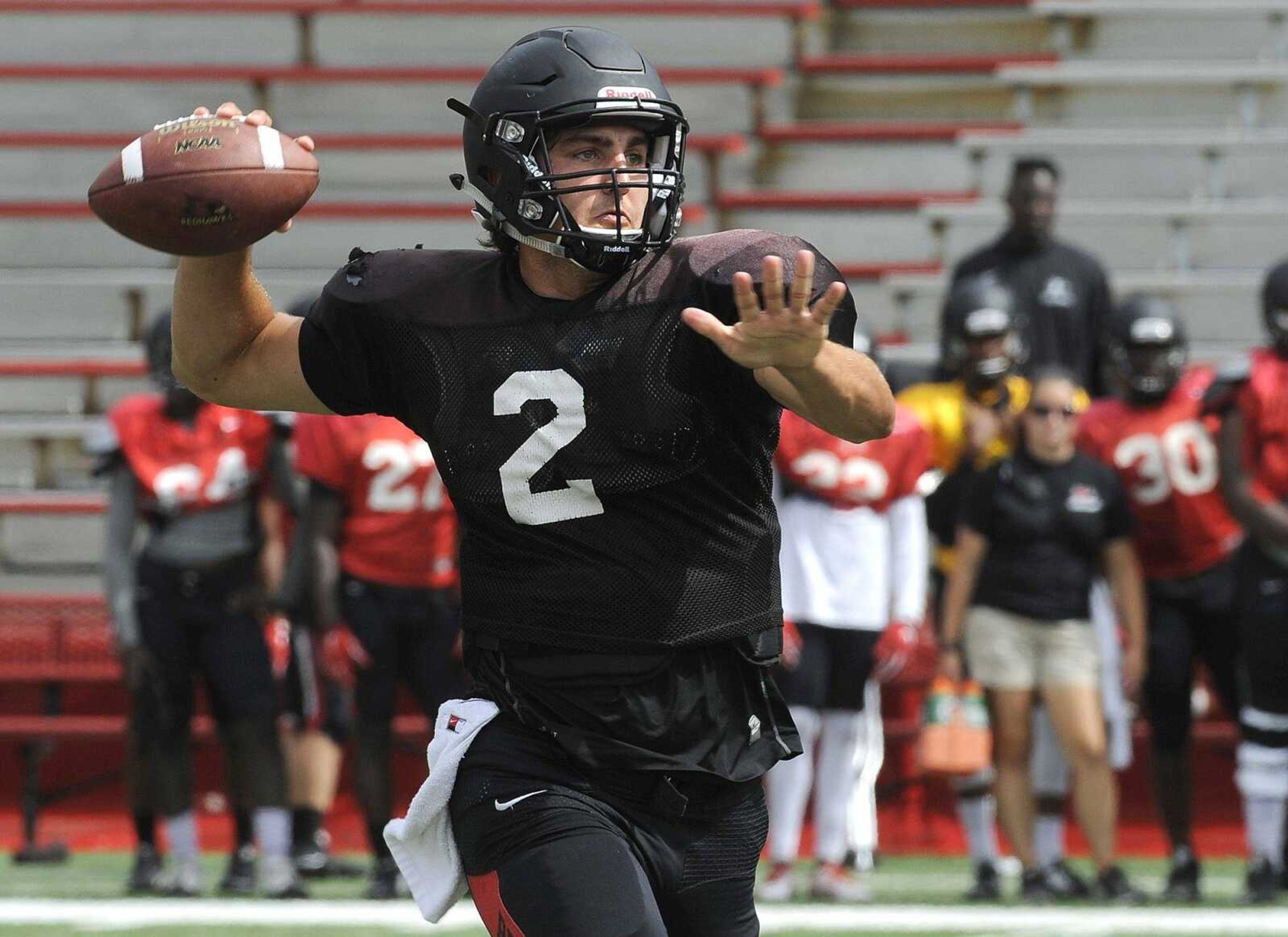 Southeast Missouri State quarterback Jesse Hosket throws a pass during a scrimmage Saturday at Houck Stadium.