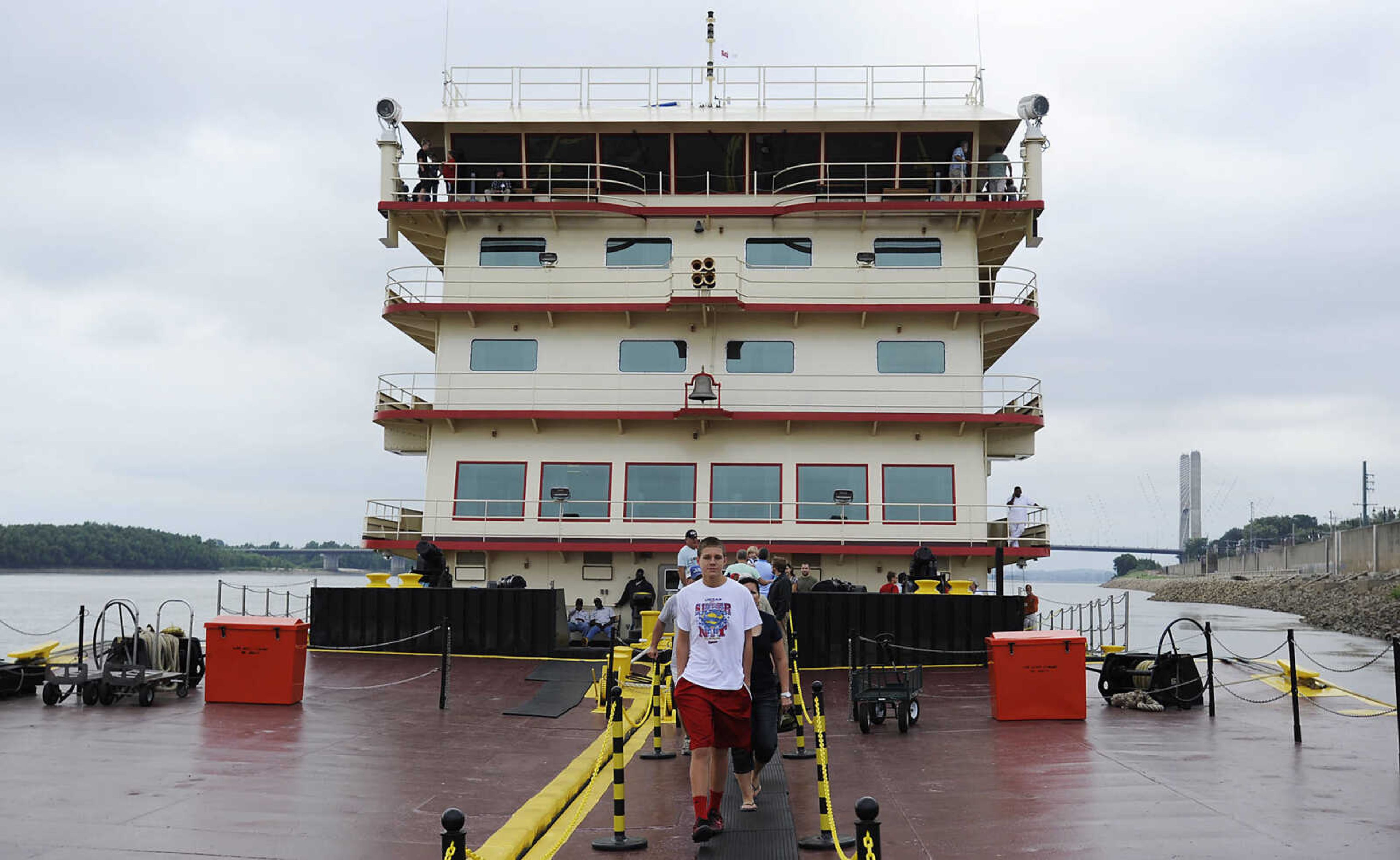 People tour the U.S. Army Corp of Engineers' Motor Vessel Mississippi Saturday, Aug. 17, at Riverfront Park in Cape Girardeau. The 241 foot-long towboat is stationed in the Corps of Engineers' Memphis District and spends 90% of its time moving barges, equipment and supplies on the Mississippi River. Built in 1993 the M/V Mississippi is the largest towboat in the U.S. and the fifth Corps of Engineers vessel to bear the name Mississippi.