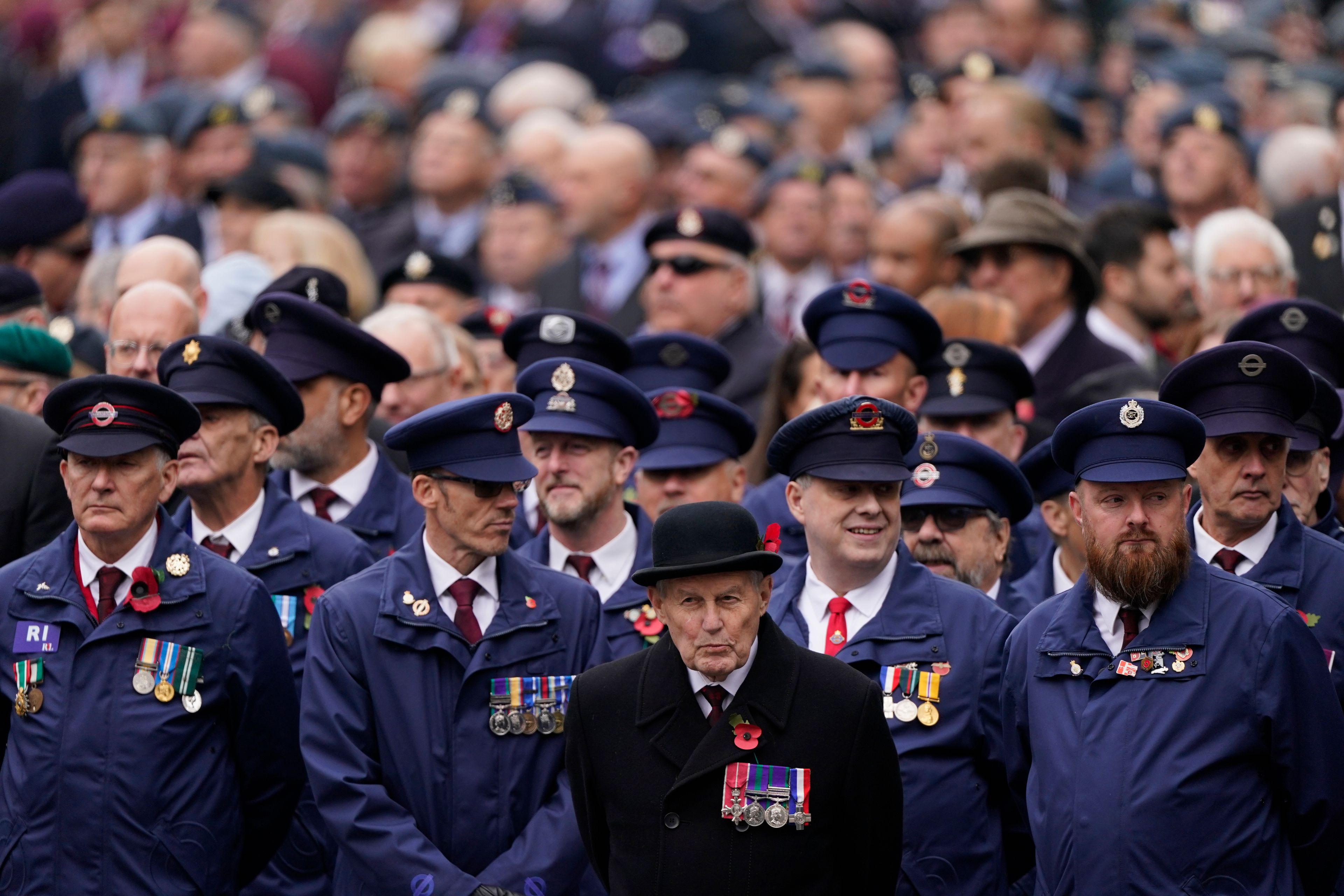 Veterans line up as they attend the Remembrance Sunday Service at the Cenotaph in London, Sunday, Nov. 10, 2024. (AP Photo/Alberto Pezzali, Pool)