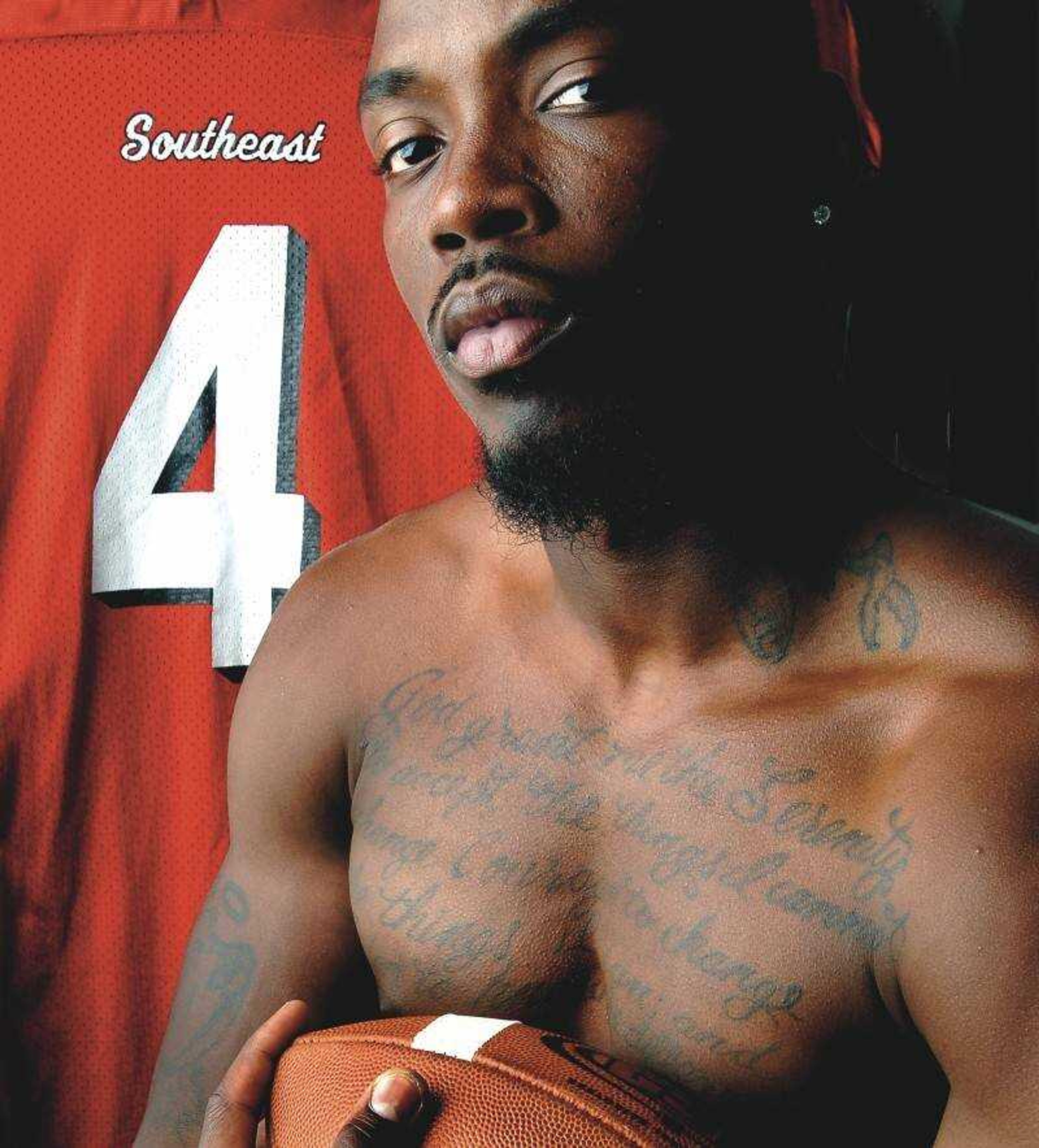 Southeast Missouri State senior defensive back Romae Rucker has the Serenity Prayer on his chest, one of 16 tattoos he has obtained since the age of 13. (Don Frazier)