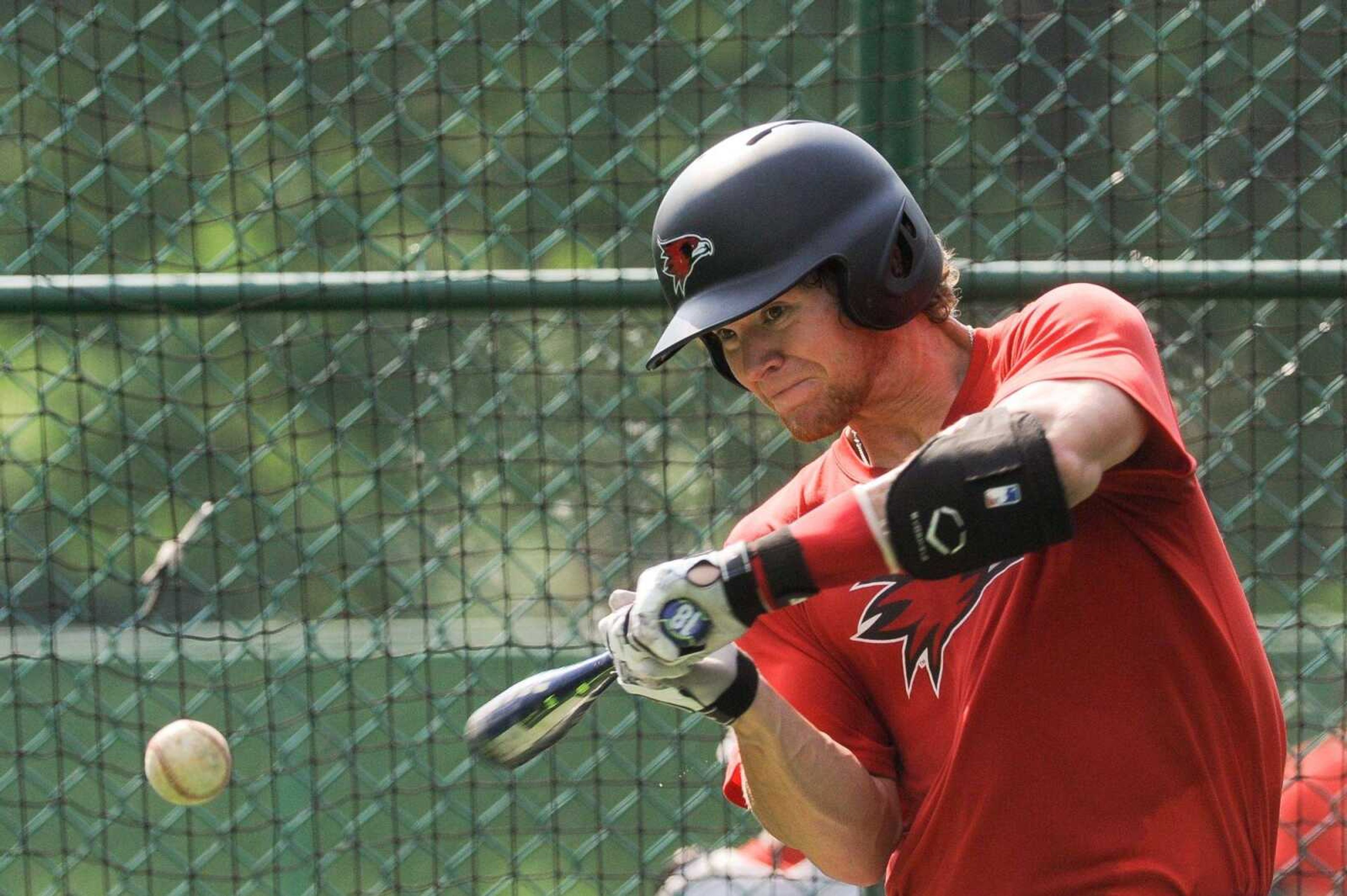 Southeast Missouri State's Kylar Robertson takes a swing during batting practice Wednesday, May 11,  2016 at Capaha Field.