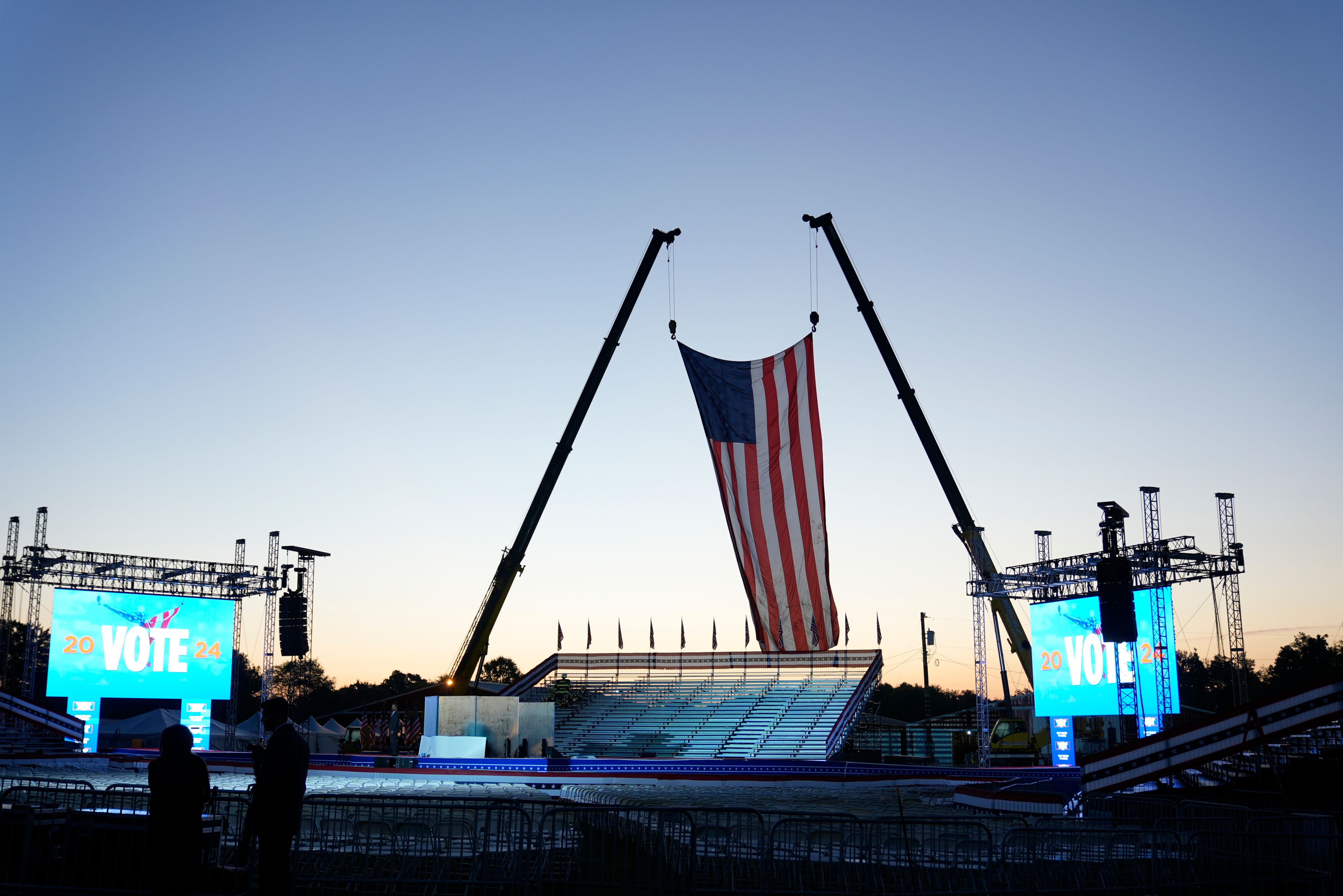 The campaign rally site is seen near sunrise before Republican presidential nominee former President Donald Trump speaks at the Butler Farm Show, the site where a gunman tried to assassinate him in July, Saturday, Oct. 5, 2024, in Butler, Pa. (AP Photo/Alex Brandon)