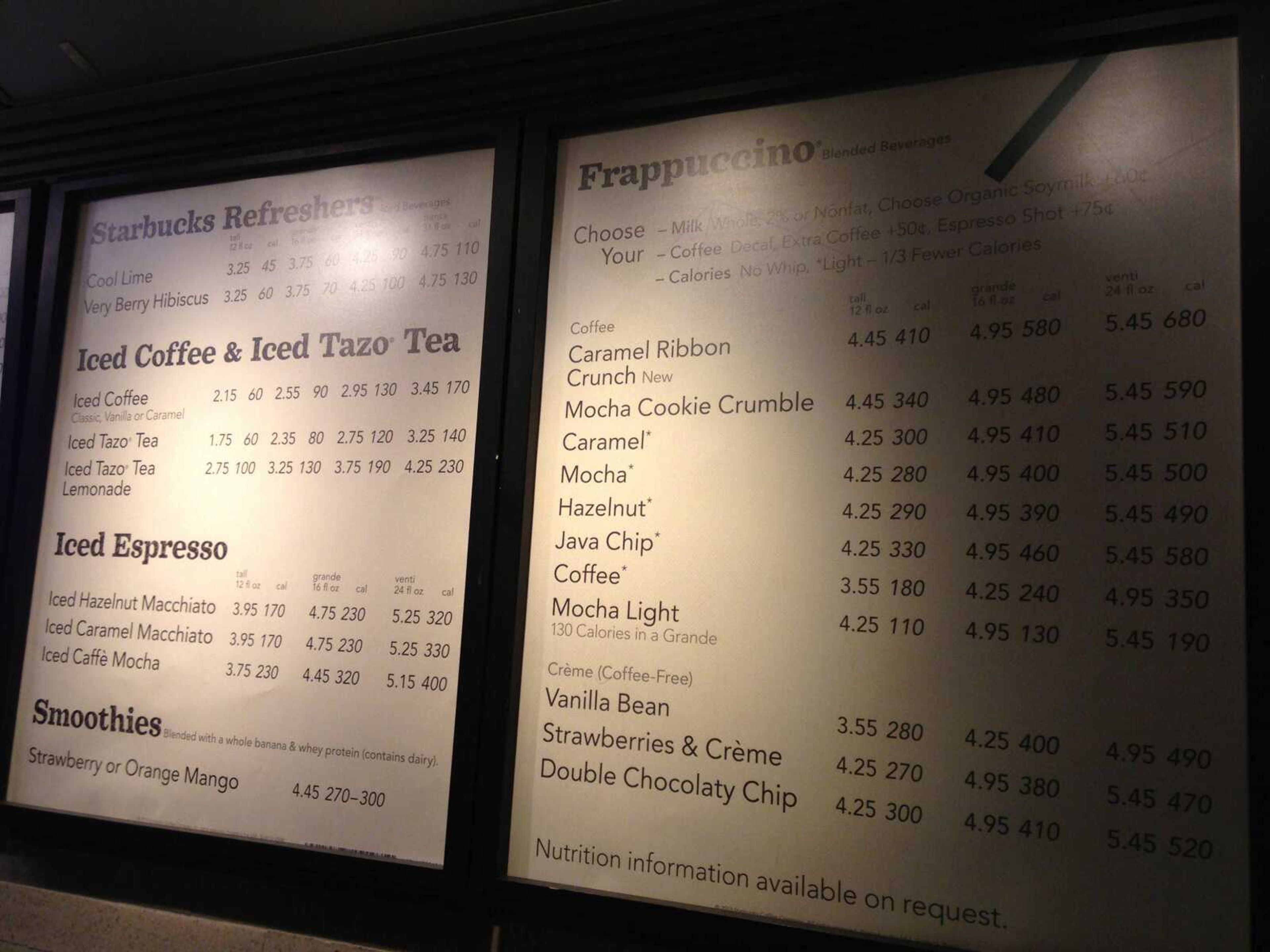 A menu board showing calorie counts hangs at a Starbucks in New York. Tracking calories at chain restaurants is supposed to become easier next year, but new studies raise questions about whether the counts actually make a difference for diners and eateries. (Candice Choi ~ Associated Press)