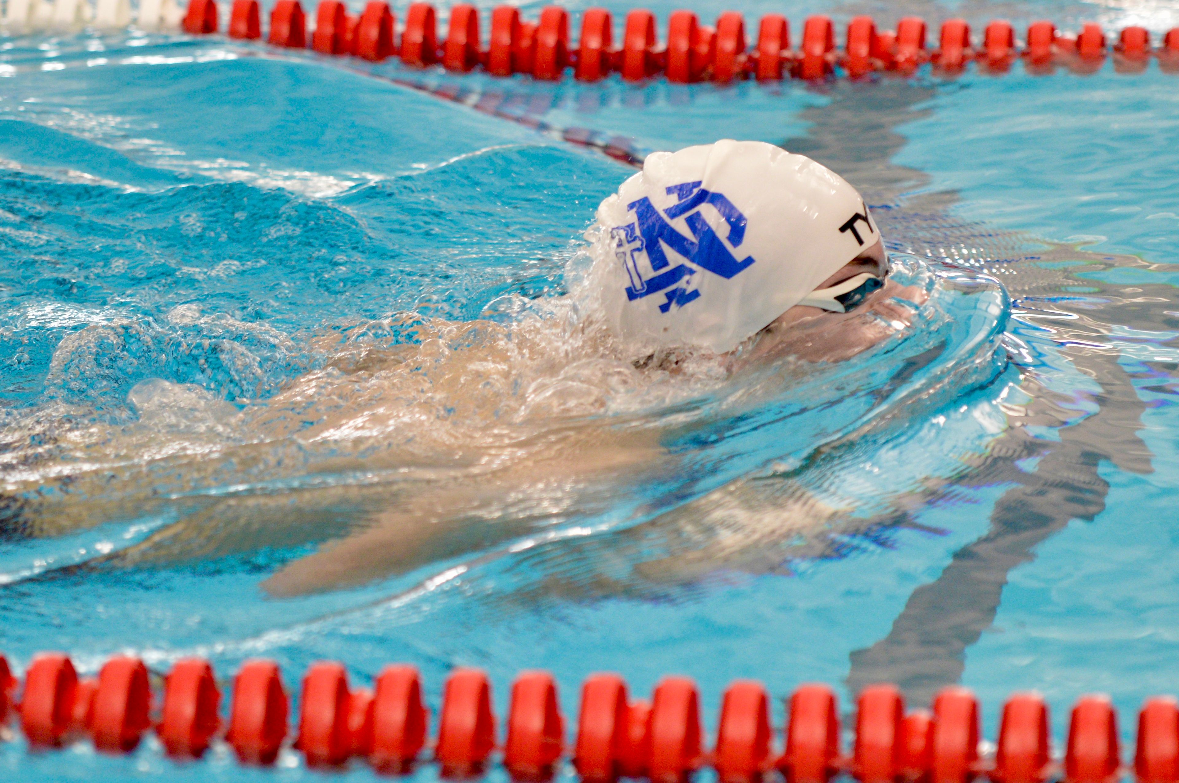 Notre Dame’s Parker Hulshof swims against Cape Central on Tuesday, Oct. 29, at the Cape Aquatic Center.