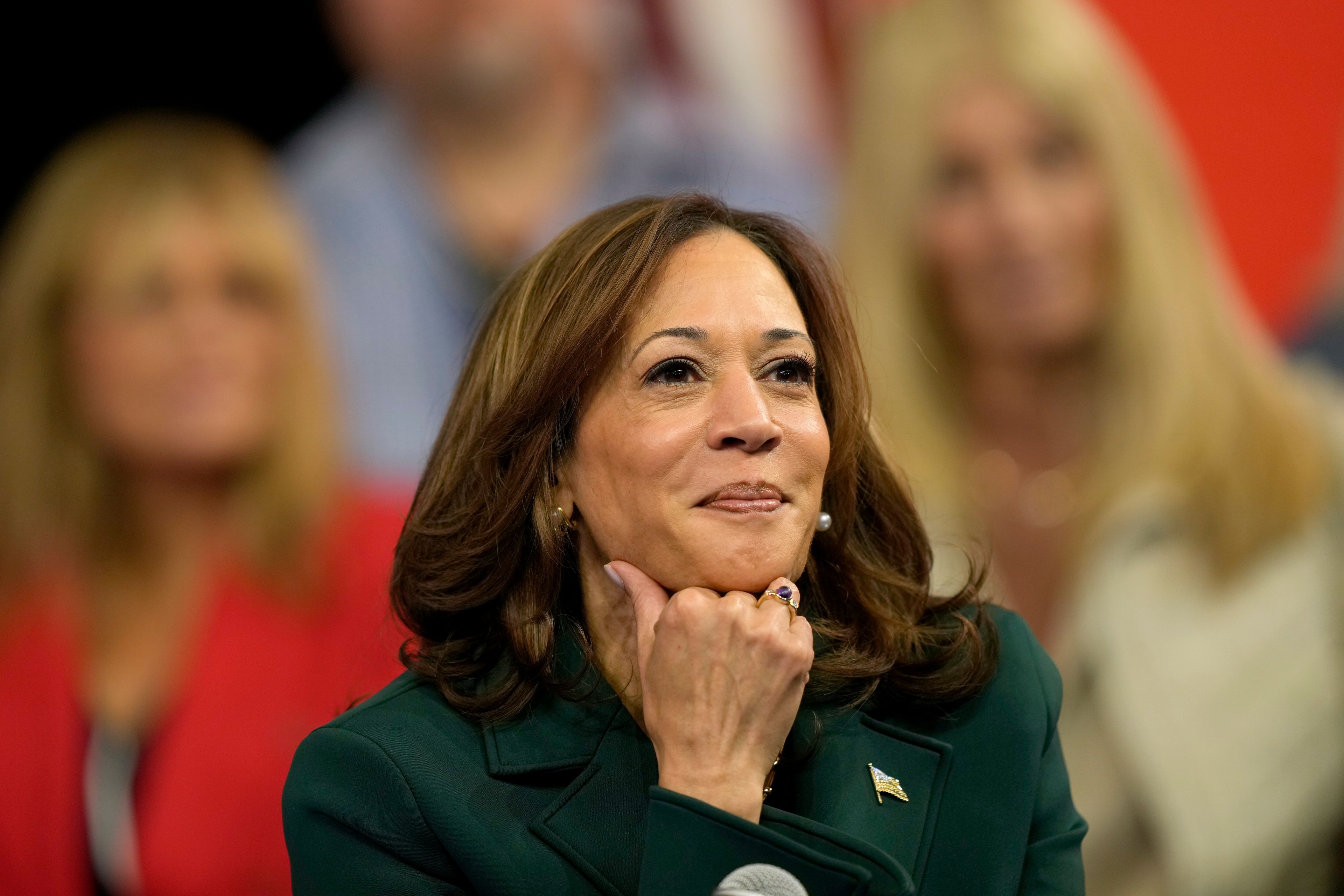 Democratic presidential nominee Vice President Kamala Harris listens during a town hall at The People's Light in Malvern, Pa., Monday, Oct. 21, 2024. (AP Photo/Matt Rourke)