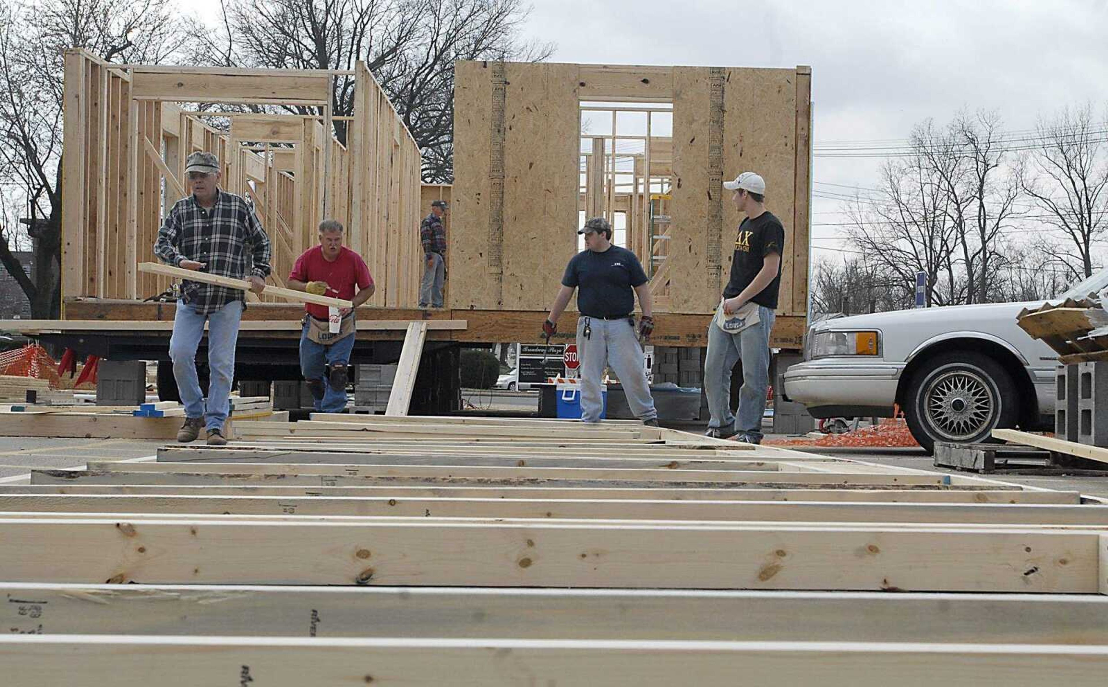 KIT DOYLE ~ kdoyle@semissourian.com
Work progresses on the Habitat for Humanity home being built in the Alumni Center parking lot Tuesday, March 10, 2009, in Cape Girardeau.