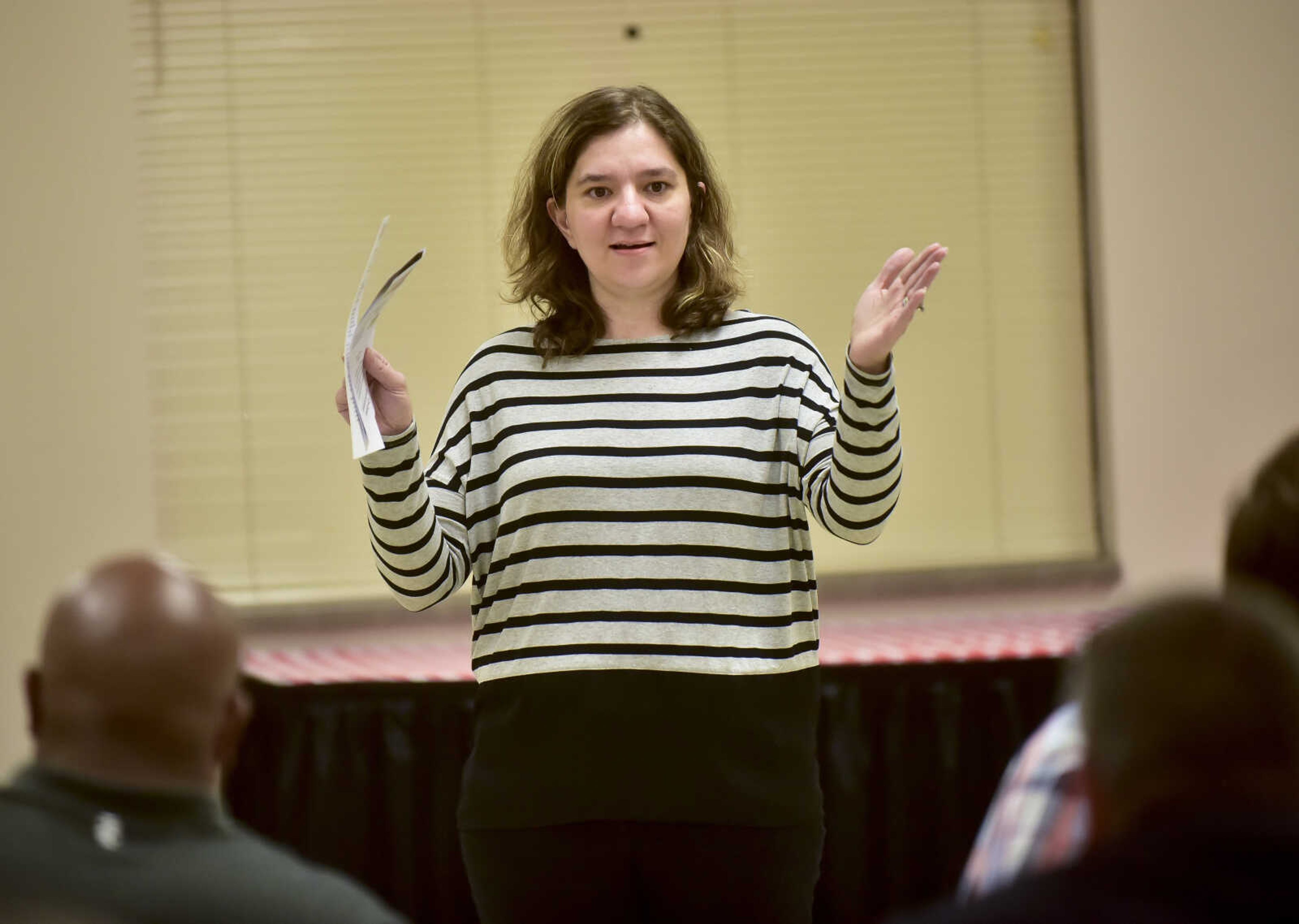 Melissa Stickel gives a brief introduction during a community workshop meeting held by the Authentic Voices group of south Cape Thursday, Oct. 26, 2017 at the Shawnee Park Center in Cape Girardeau.