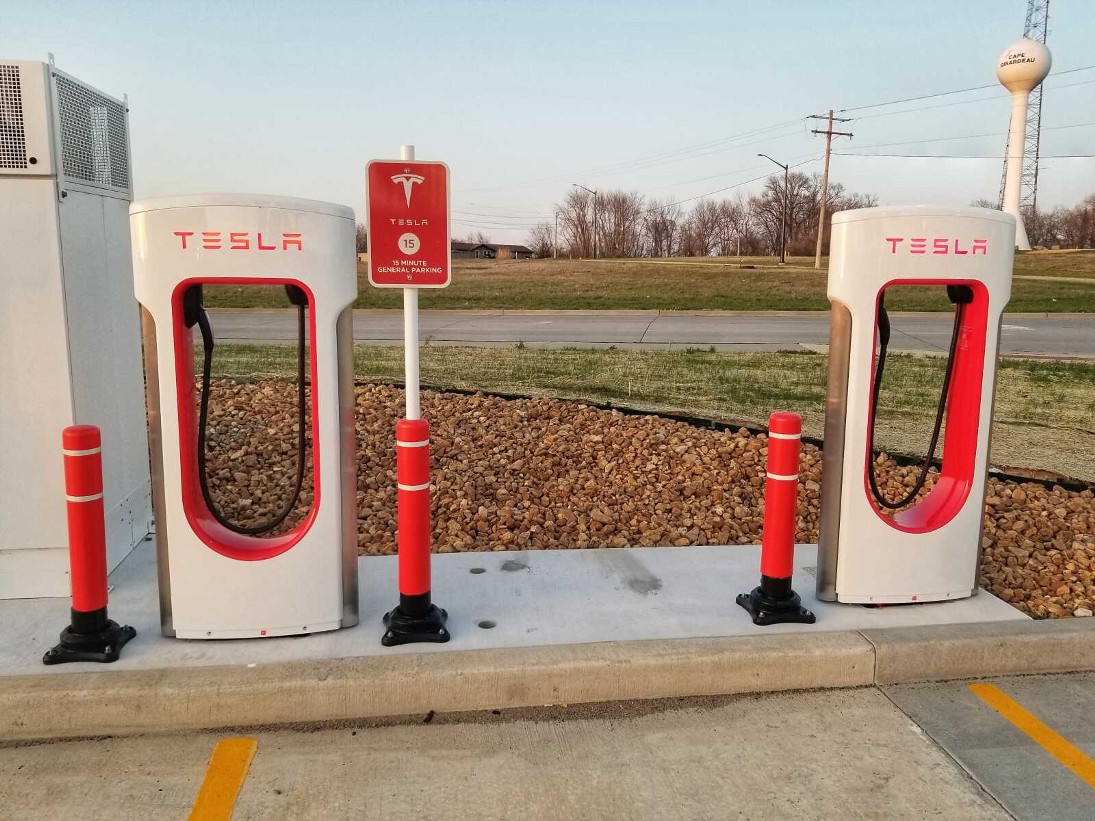 Electric vehicle charging stations for Tesla cars, seen Wednesday at Phillips 66 along U.S. 61 near the diverging diamond interchange between Cape Girardeau and Jackson.