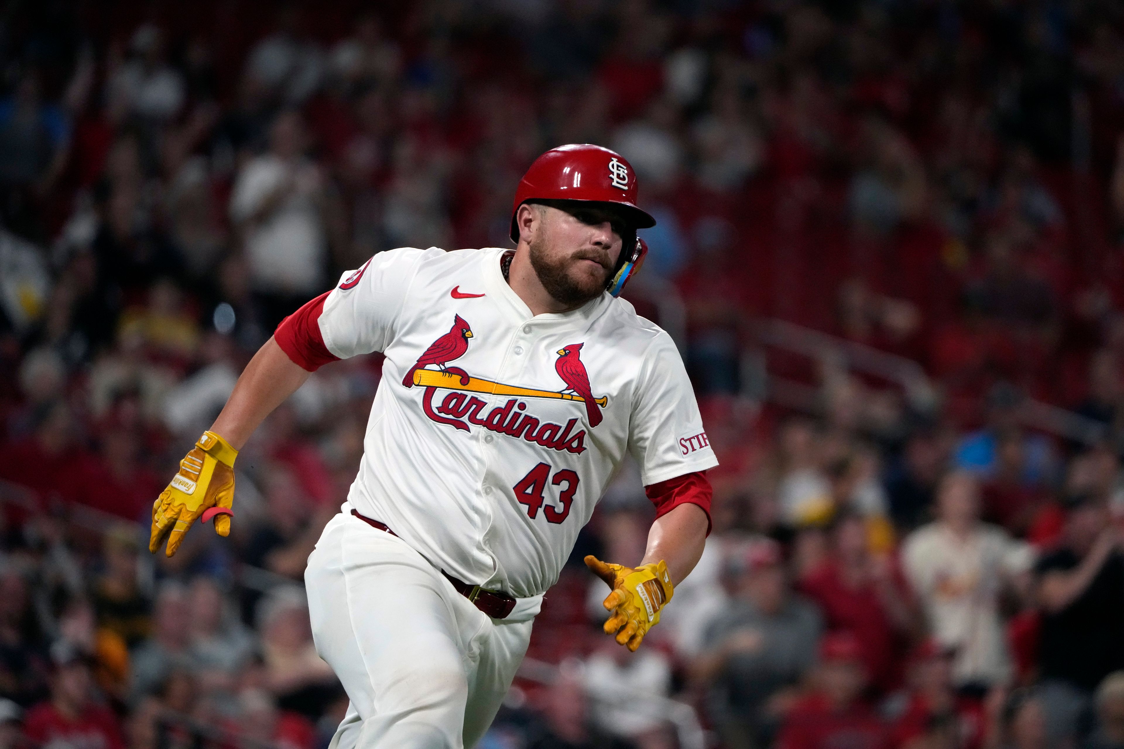 St. Louis Cardinals' Pedro Pages heads to first on an RBI single during the seventh inning of a baseball game against the Pittsburgh Pirates Monday, Sept. 16, 2024, in St. Louis. (AP Photo/Jeff Roberson)